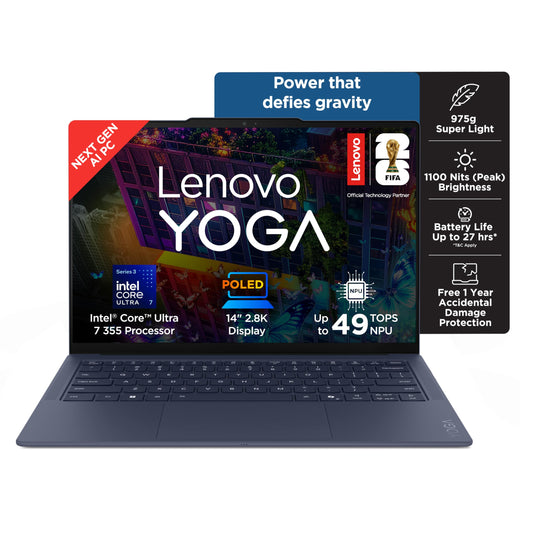 Lenovo Yoga Slim 7 FIFA World Cup 26 Edition Intel Evo Core Ultra 7 355 (32GB RAM/1TB SSD/14 (35.5cm)/2.8K WQXGA+ POLED/Copilot+ PC/Windows 11/MSO 365 Basic+Office24/Cosmic Blue/975g), 83QK007HIN
