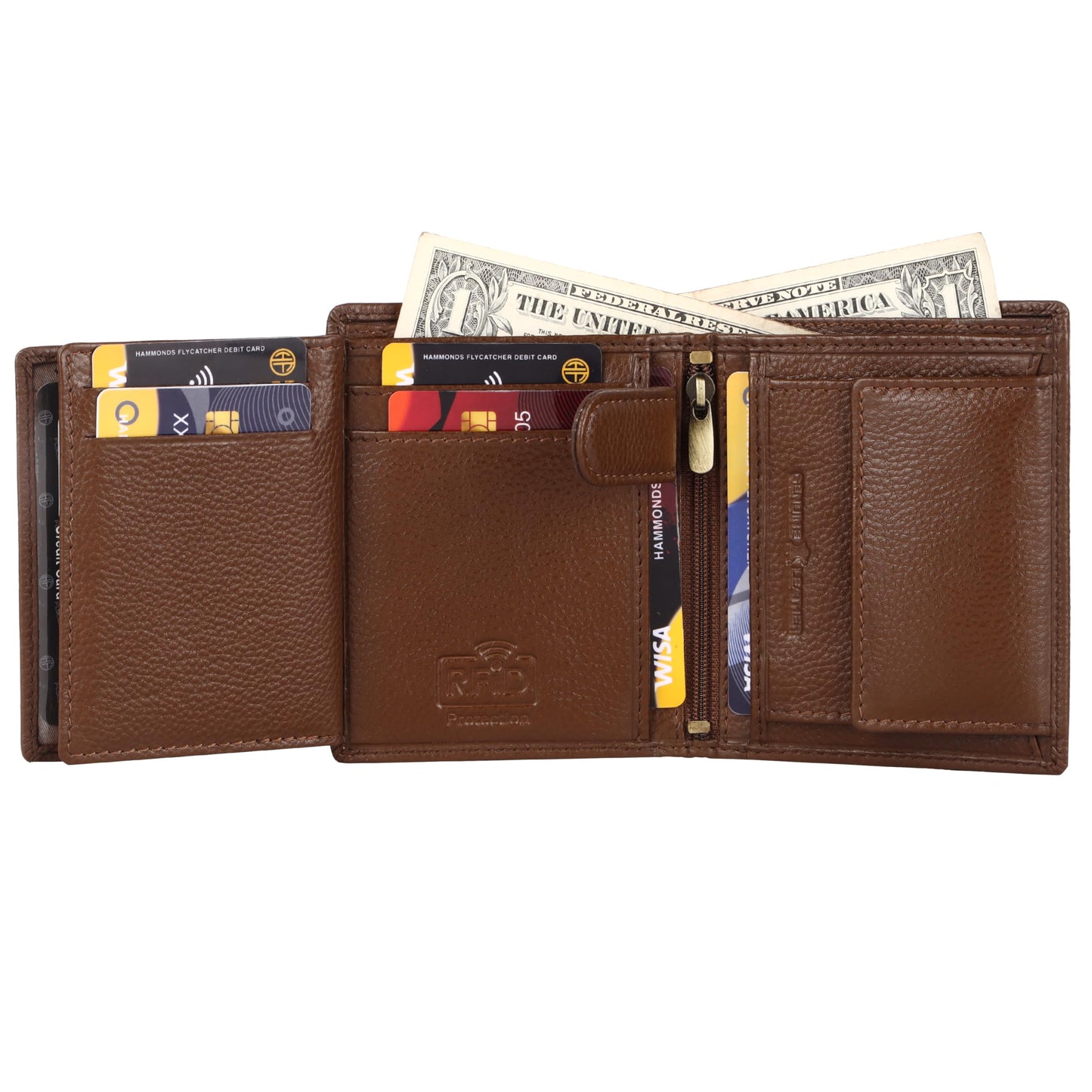 HAMMONDS FLYCATCHER Genuine Leather Wallet for Men, RFID Protected Leather Purse for Men, Money Purse for Men, Bi-Fold Wallet, 4 Card Slots, 3 ID Slots, Coin Pocket, Metal Snap Button - Brushwood