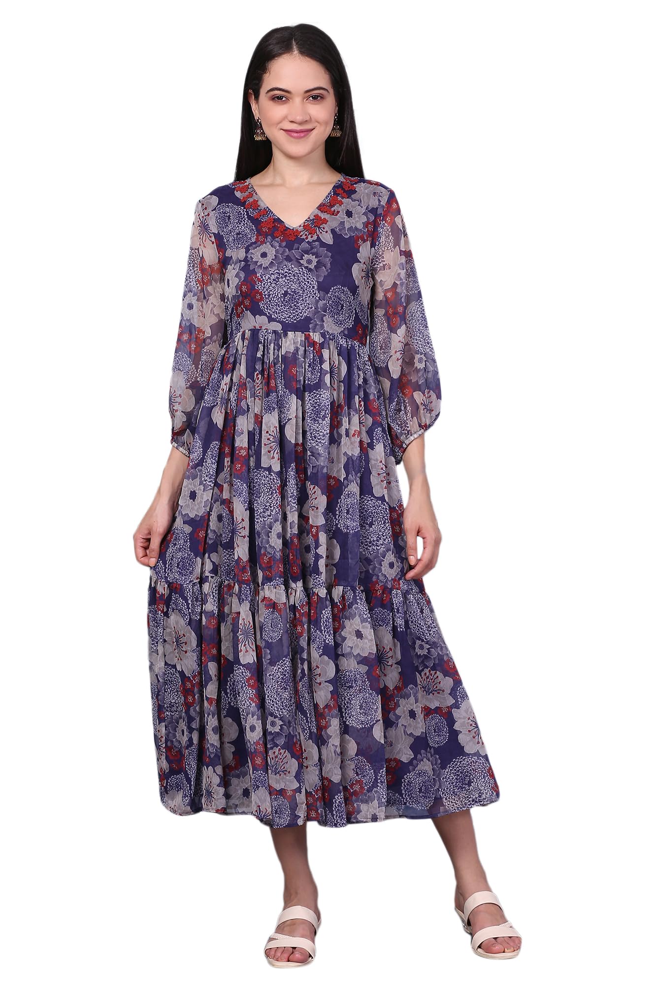 W for Woman Purple Floral Printed Chiffon Gathered Dress (Size: XL)-W12804-125946