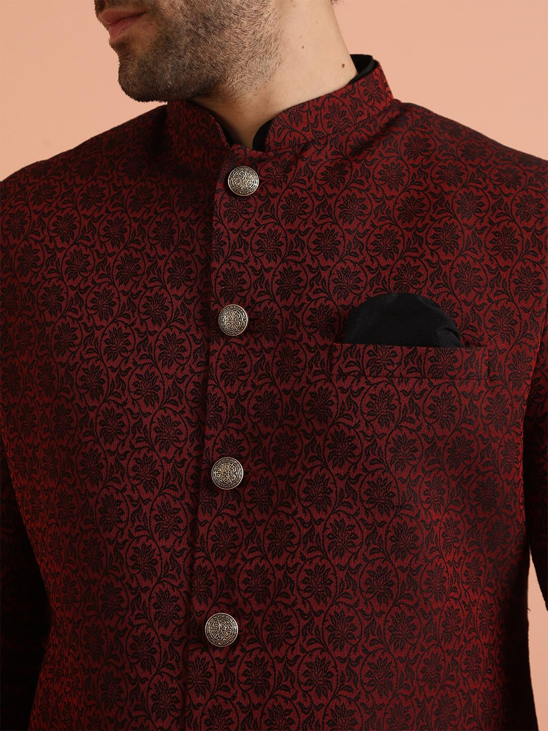 KISAH Sherwani Set for Men – Silk Blend Jacquard Indo Western Sherwani with Kurta and Trouser | Designer Ethnic Outfit for Weddings & Festivals, Maroon, 38