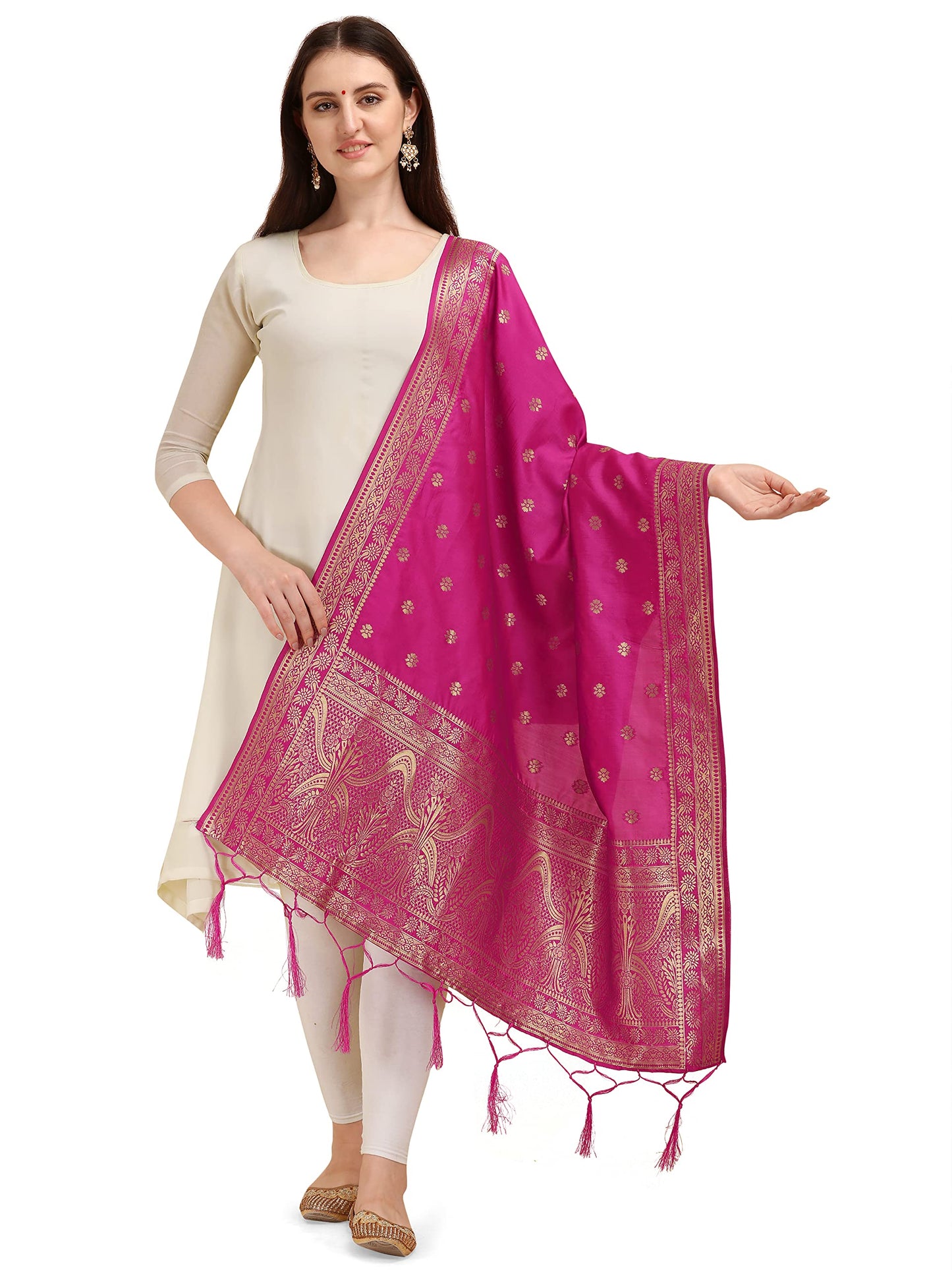 DEVANGI Women's Woven Banarasi Silk Zari Dupatta/Chunni, Width 1 Meter, Length 2.5 Meter (OM-DT-06-RANI)