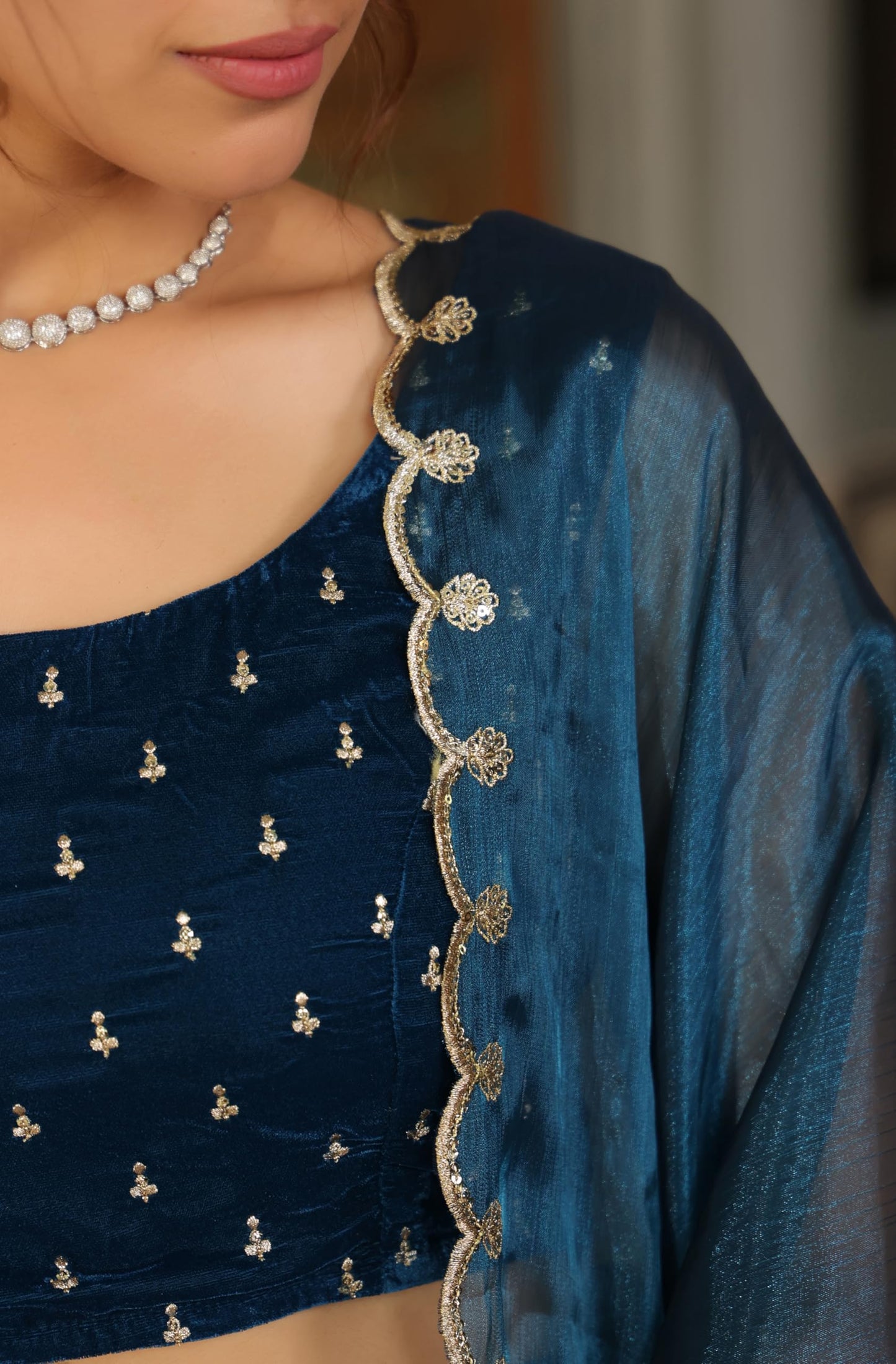 Janasya Women's Teal Blue Organza Zari Embroidered Pleated Ready To Wear Readymade Lehenga Choli Set (JAB24LC00469-XL)