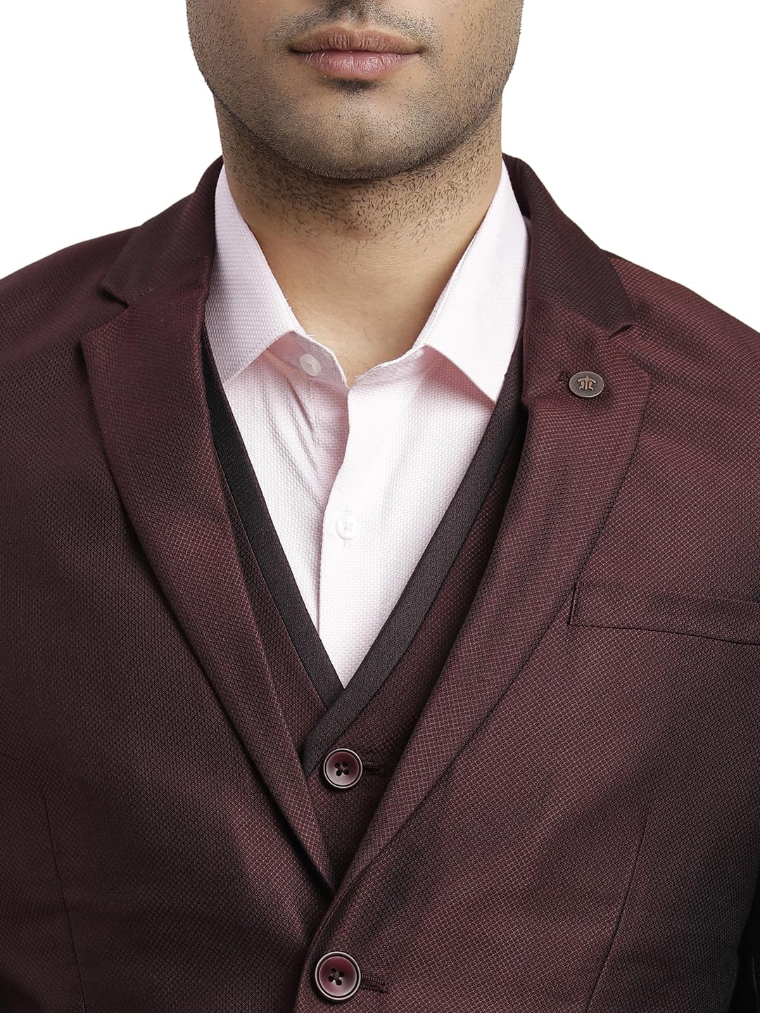 Turtle Men Poly-Viscose Dobby Print Full Sleeve Three Piece Brown Party Suit