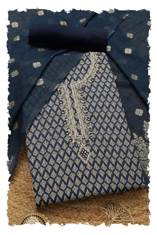 Soch Womens Navy Blue Jam Cotton Floral Print Unstitch Dress Material With Thread Work