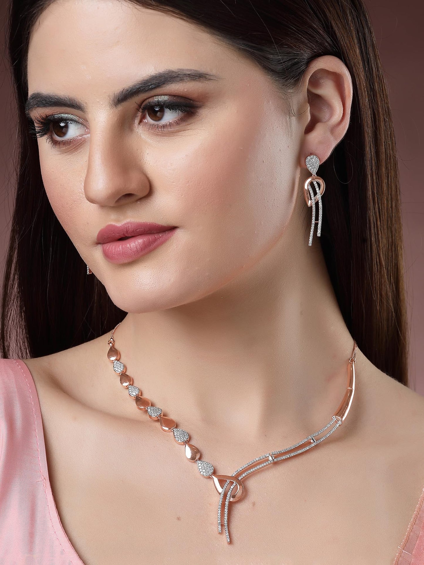 Karatcart Graceful Rose Gold Necklace Set with American Diamond Embellishments and Rhodium Finish