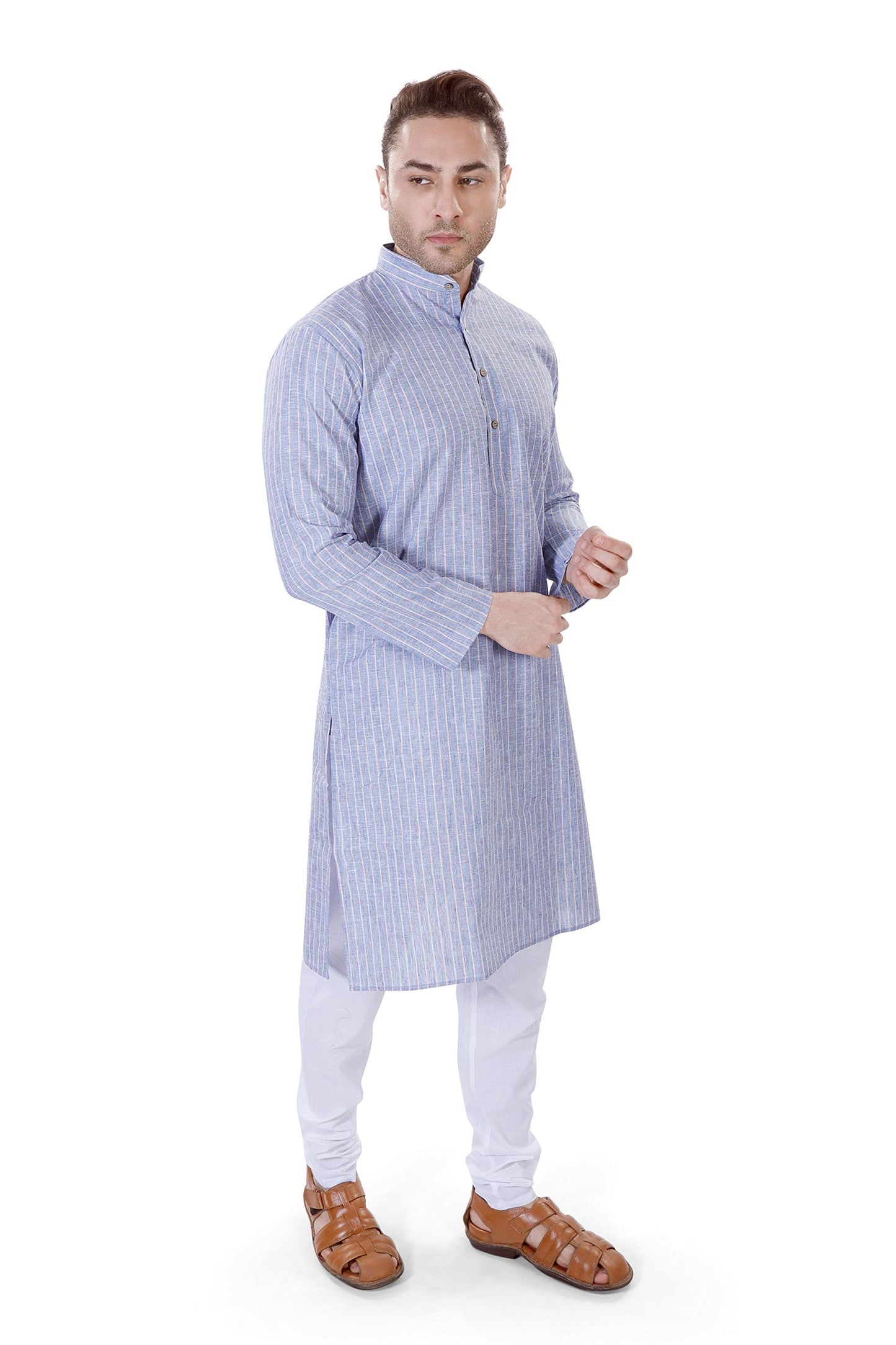 LUCKWIN Cotton Linen Regular Fit, Mandarin Collar, Vertical Stripes Kurta Pyjama Set in Blue for Men [LWKP069-36]
