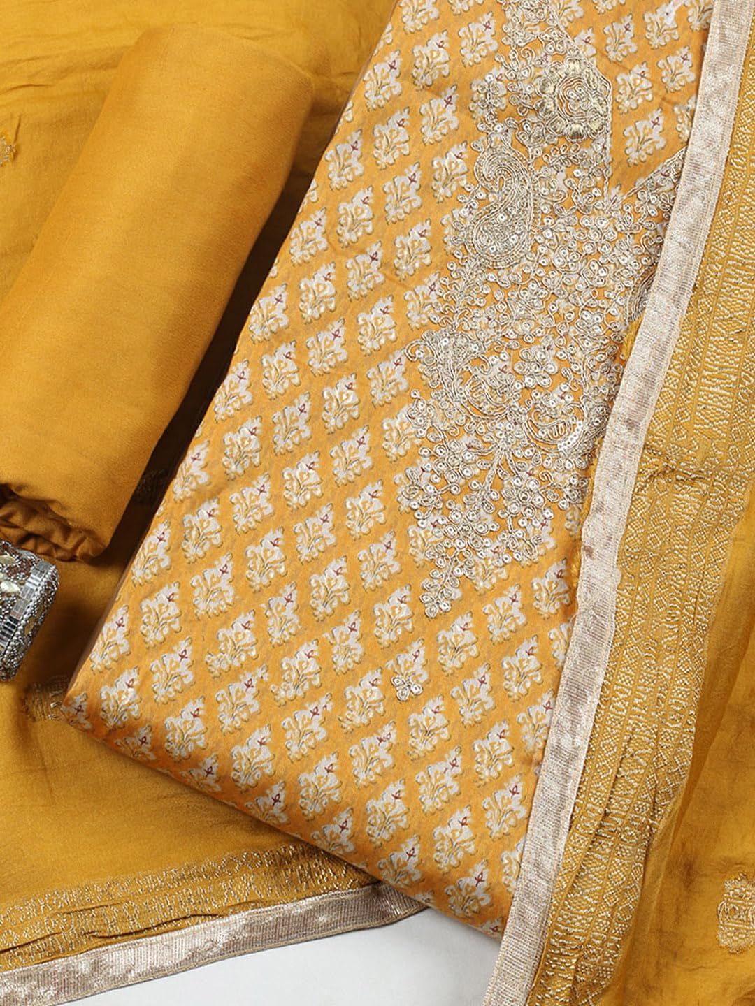 Meena Bazaar Printed Cotton Unstitched Kurta with Bottom & Dupatta