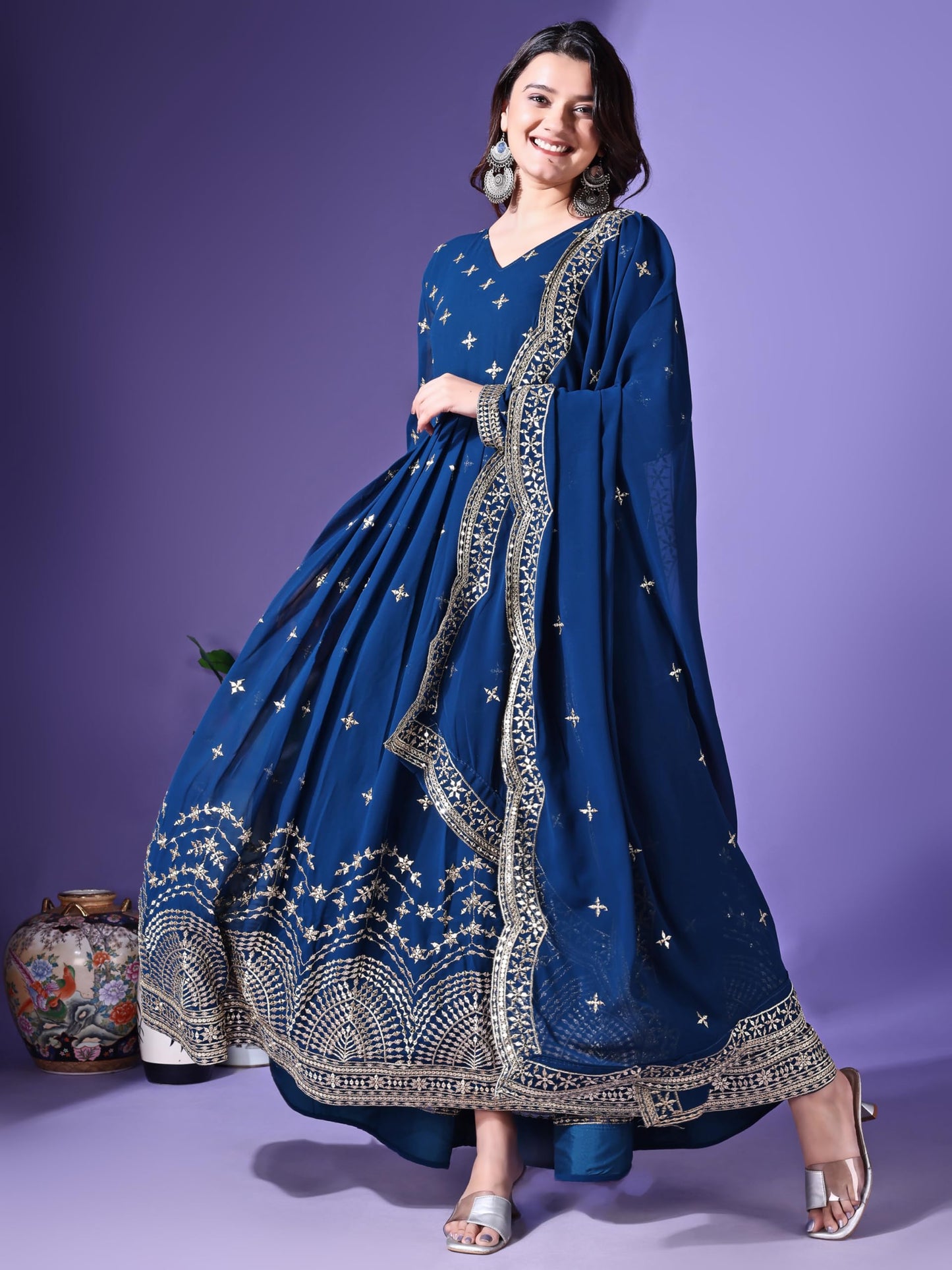 Fashion Basket Faux Georgette Sequins Anarkali Dress for Women (in, Alpha, 2XL, Regular, Turquoise)