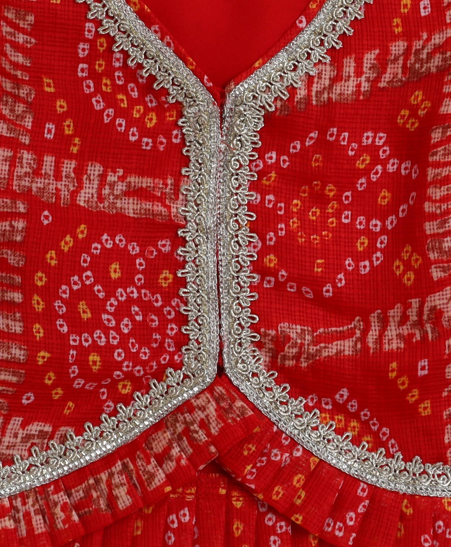 The Magic Wand Kota Doriya Ruffle Sleeves Lehenga Choli for Kids Baby Girls Bandhani Print Embellished Traditional Ethnic Lehenga Blouse for Festivals, Red, 2-3 Year