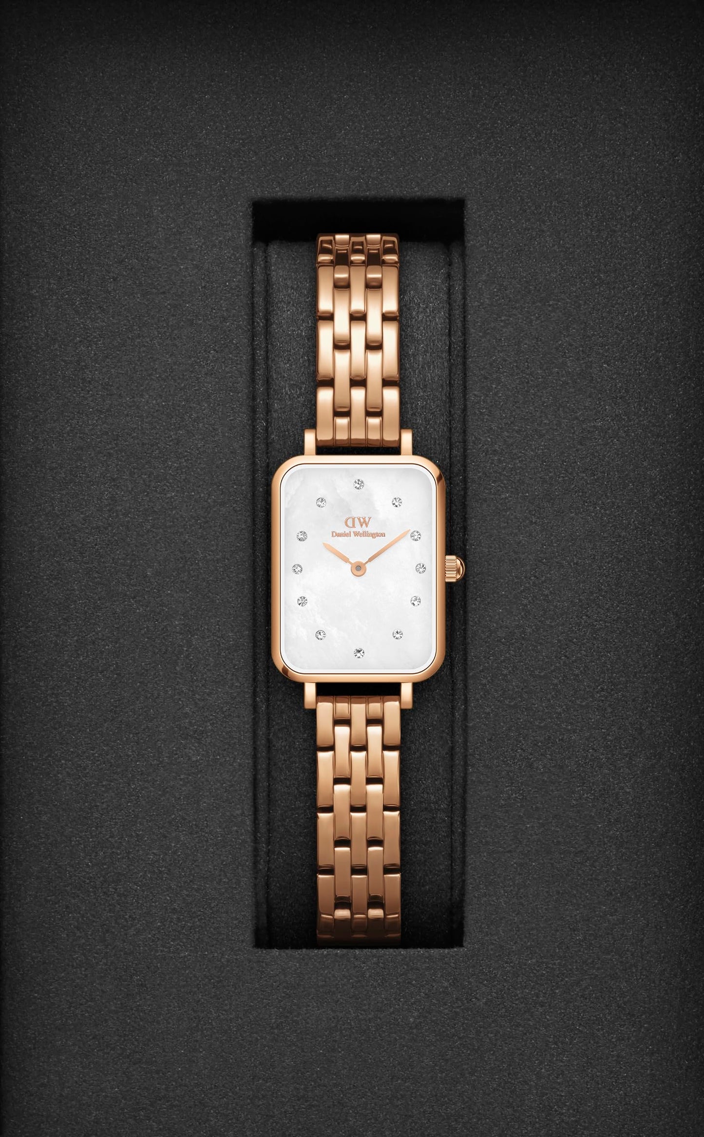 Daniel Wellington Stainless Steel Quadro Lumine 20X26 5-Link White Dial Women Analogue Watch, Rose Gold Band