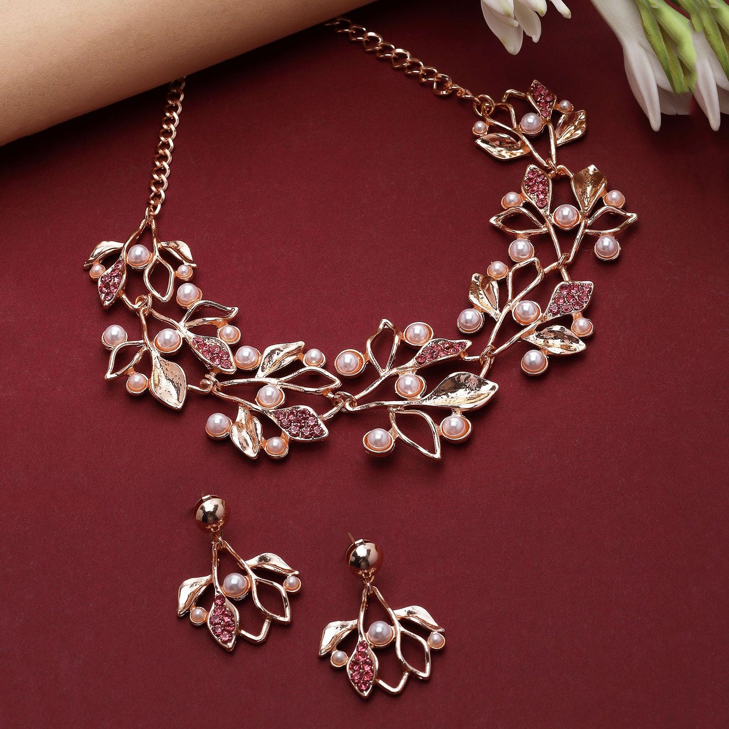 ZENEME Oxidised Silver-Plated Cubic Zirconia & White Pearls Studded Leaf Shaped Necklace With Earrings Jewellery Set For Girls and Women (Rose Gold pink)