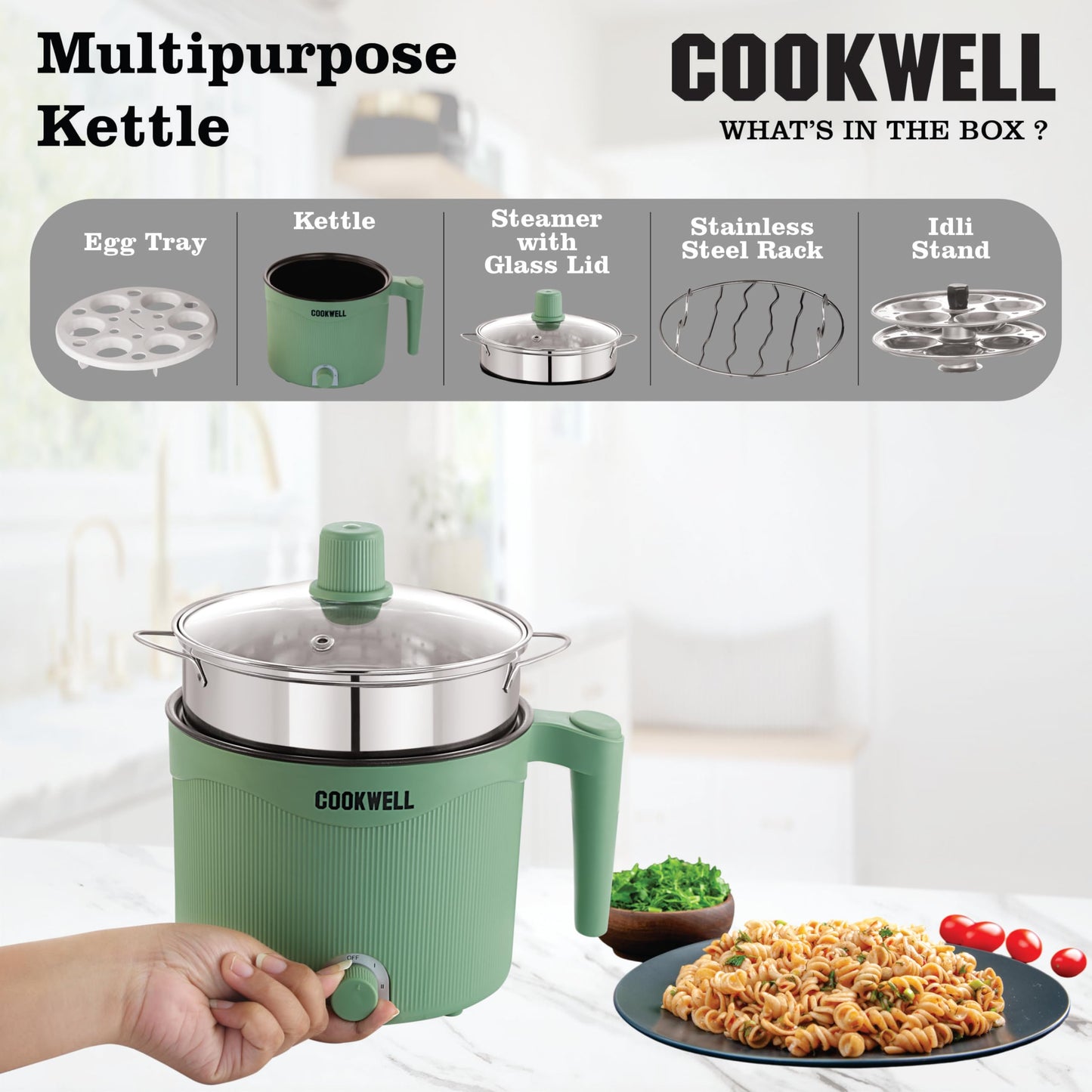 Cookwell Multipurpose Electric Kettle - 1.5L Nonstick Inner Pot with Steamer, Idlli Stand, Stainless Steel Rack & Egg Rack (600W)