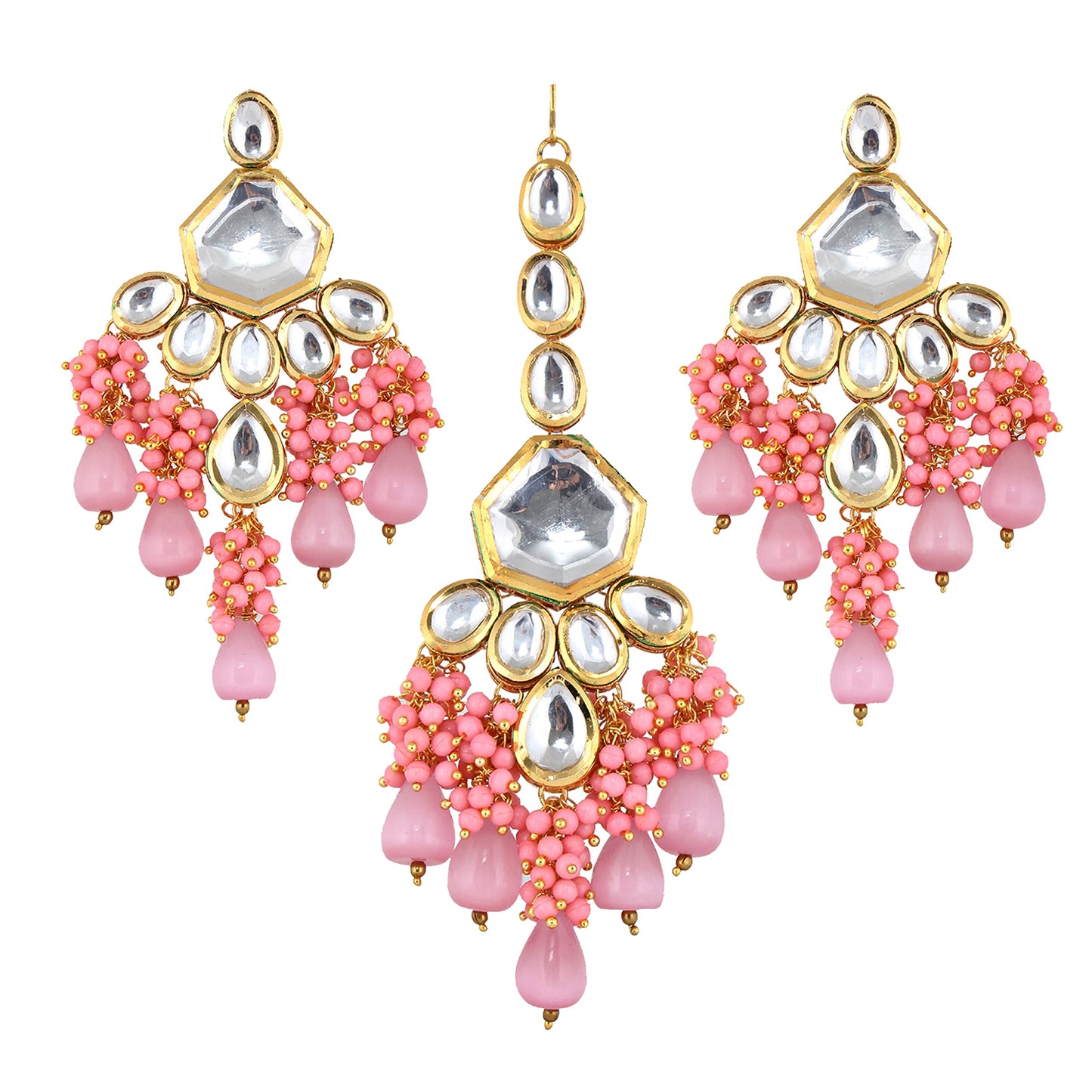 Lucky Jewellery 18K Gold Plated Pink Color Kundan Stone/Uncut Kundan/Dibbi Kundan/Meena Kundan/Lucknow Kundan with Monalisa Drop Bridal Set for Girls & Women (5910-M4SK-1574-PK)