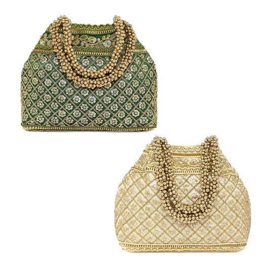 Peora Cream & Green Potli Combo Handbags Gift for Women