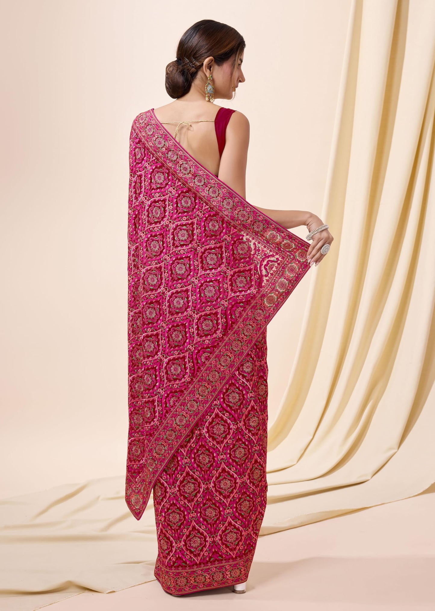 TRENDMALLS Women's Vichitra Silk Embroidery Work Saree with Unstitch Blouse Piece (K1088-Red)