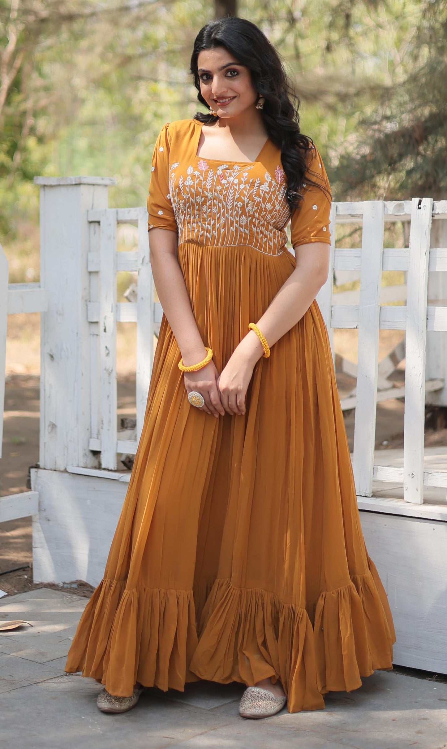 Fashion Basket Georgette Anarkali Gown with Sequins and Embroidery for Women with Long Sleeves (X-Large, Yellow)