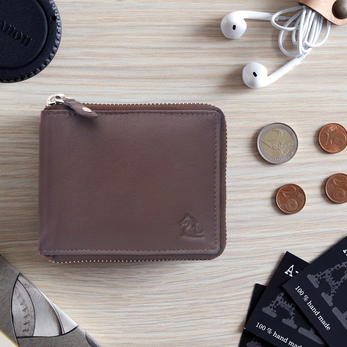 KARA Tan Zipper Men's Leather Wallet - Bifold Zipper Closing Wallet for Men with Coin Pocket and 3 Debit Card Holder Slot