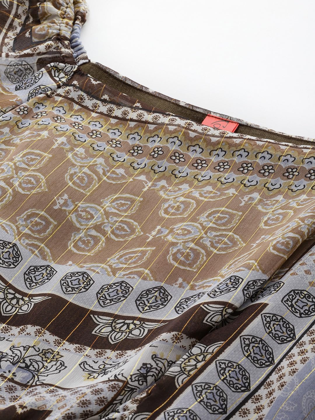 Cottinfab Women Brown Ethnic Motifs Print 3/4 Puff Sleeve Georgette Maxi Dress