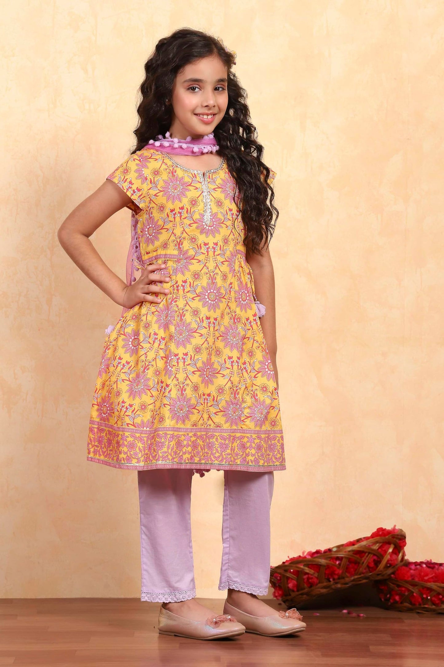 Biba Girl's Yellow Cotton Flared Printed Suit Set