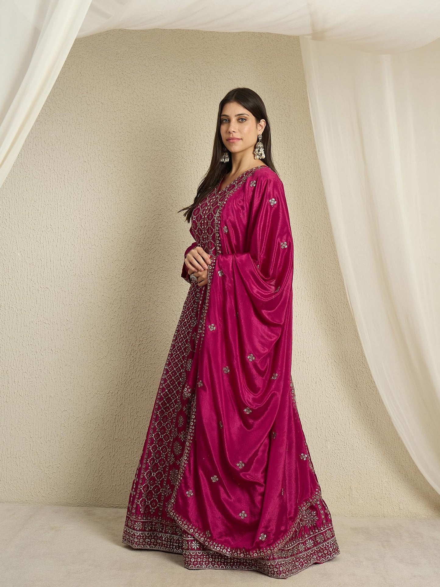 Miss Ethnik Women's Maroon Chinon Stitched Gown with Dupatta Full Sleeve Embroidered A-Line Gown (MEY-1236-Maroon-M)