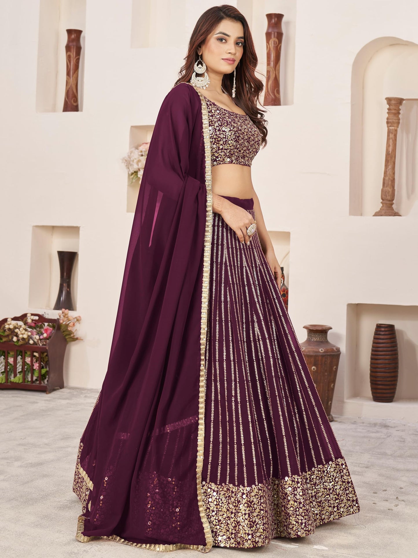 Zeel Clothing Womens Sequins Zari Embroidered Pure Georgette Semi-Stitched Lehenga and Choli Set(5067-Wine-Wedding-Lehenga-Choli-Latest; Free Size)