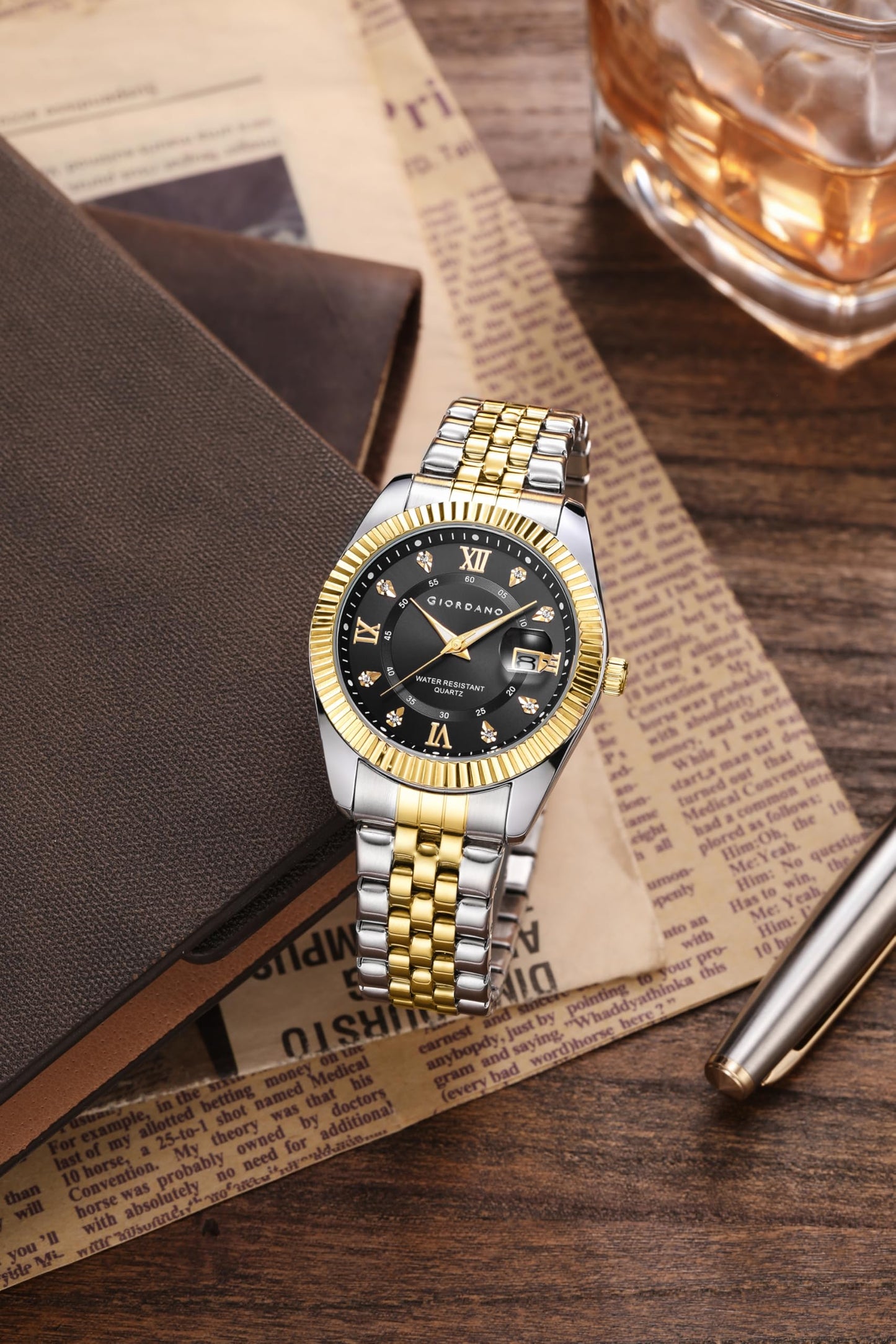 Giordano Analog Watch for Men - Dual-Tone Stainless Steel Strap, Crystal Indices and Fluted Bezel