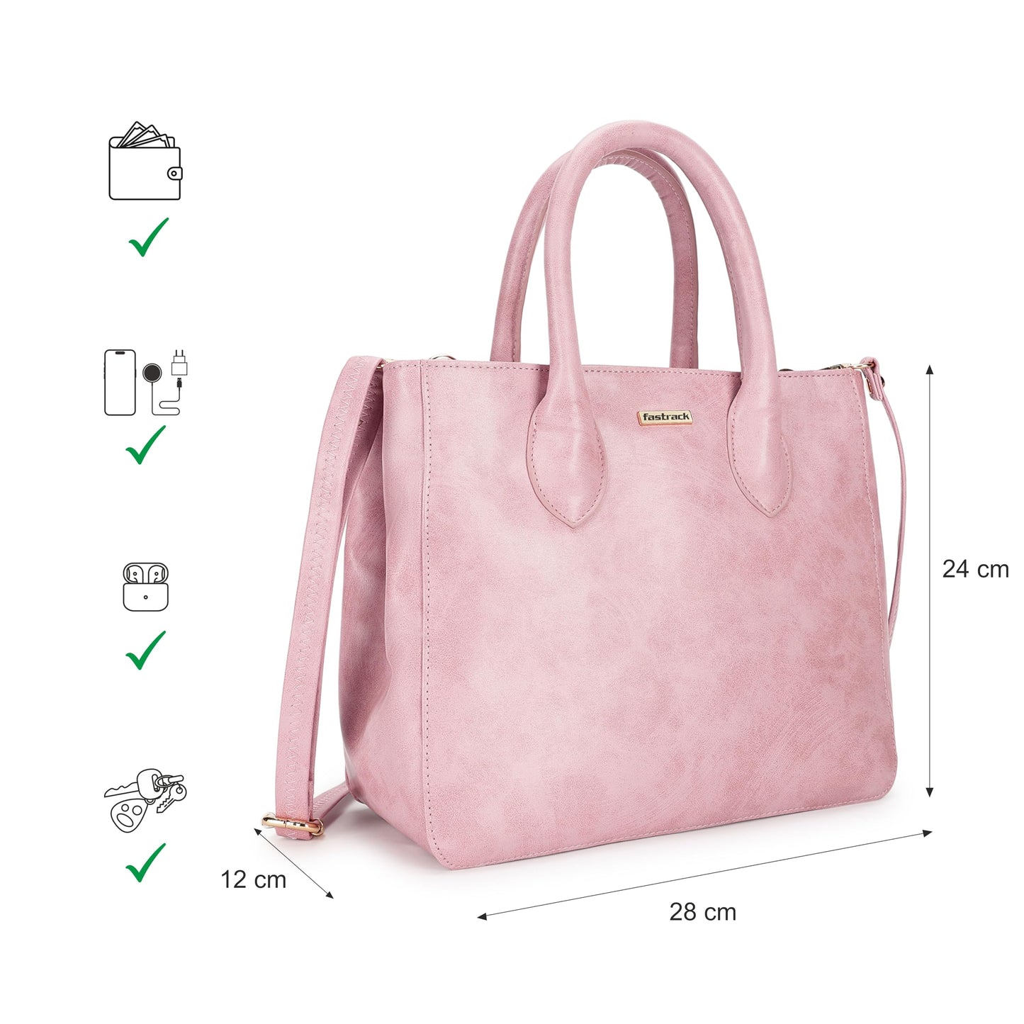 Fastrack Women Carryall Satchel with Top Handles and Adjustable Shoulder Strap - Stylish Zippered for Everyday Use, Pink