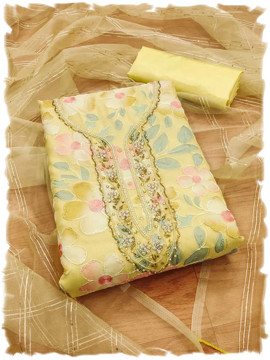 Pandadi Saree Women's Tabby Organza Position Printed Dress Material (Yellow1)