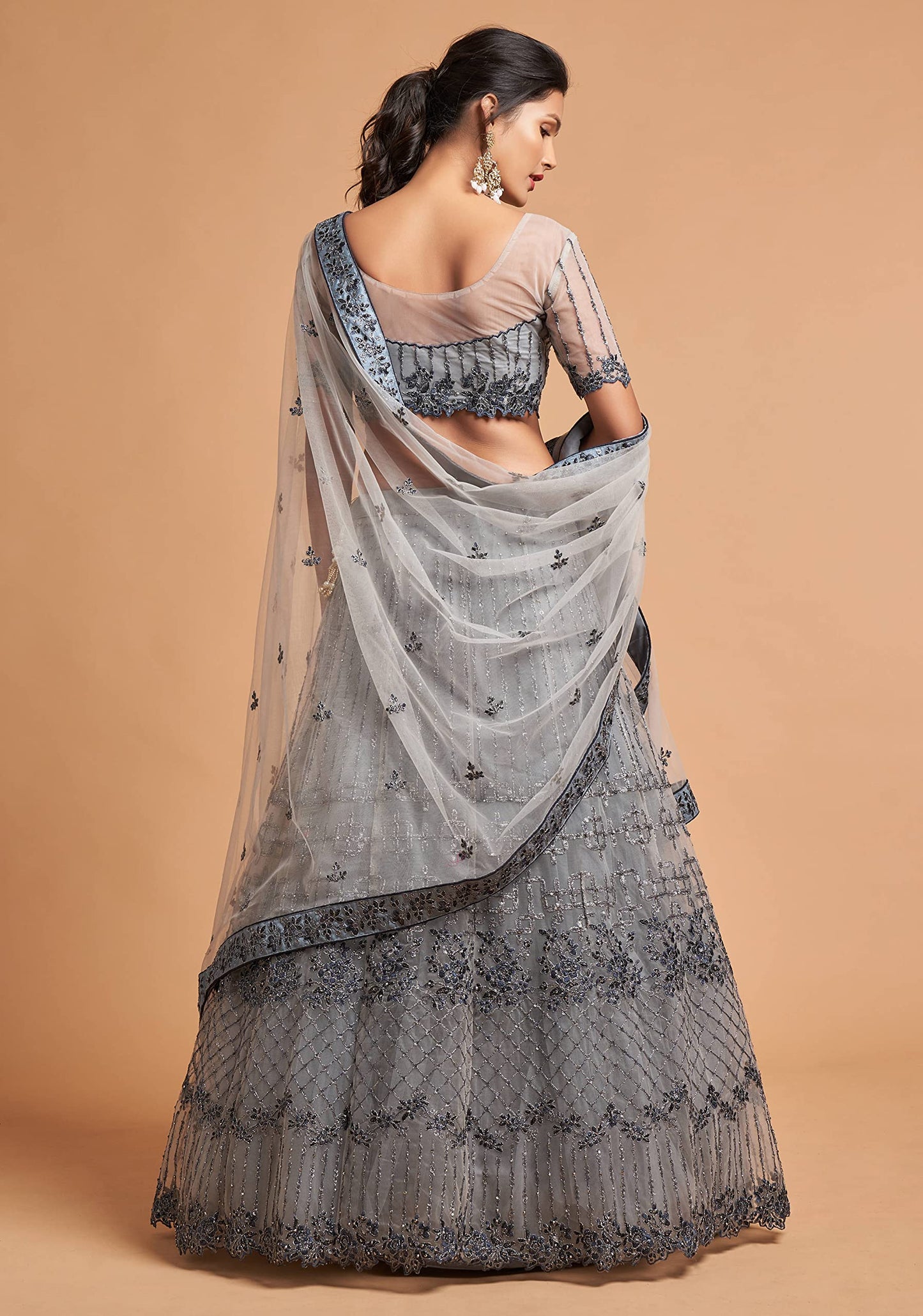 Zeel Clothing Women's Net Embroidered Semi-Stitched Bridal New Lehenga Choli with Dupatta (7312-Grey-Wedding-Girlish-Latest-Lehenga; Free Size)