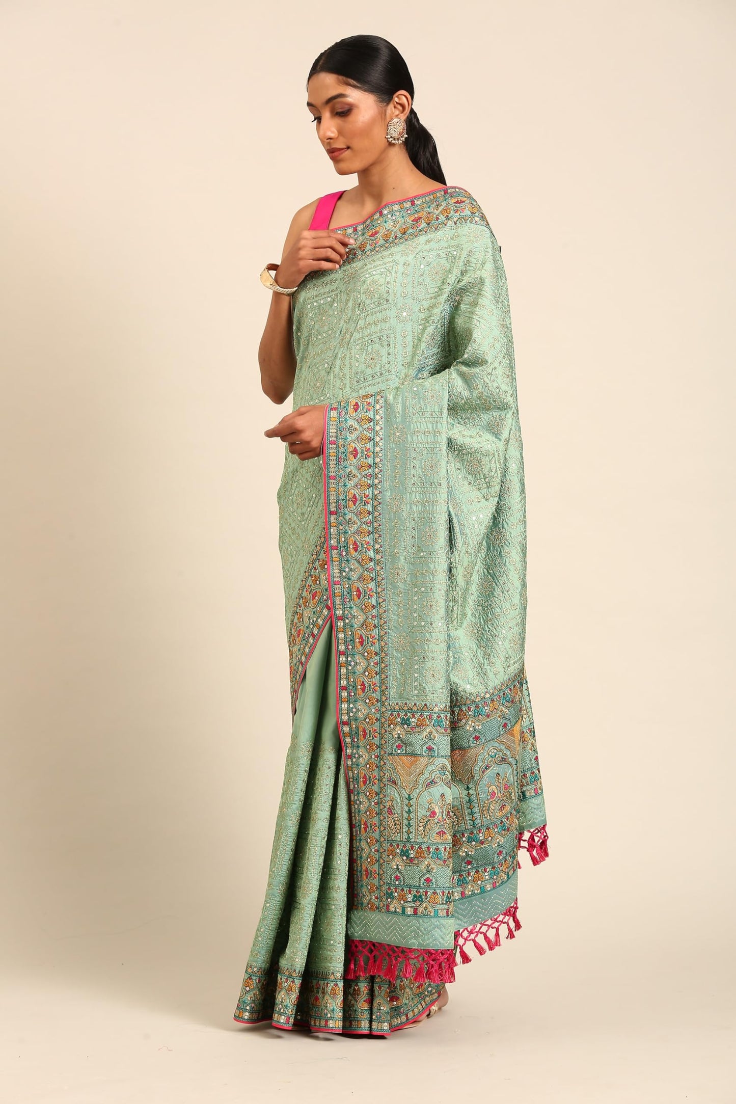 MOHEY Embroidery|Stone Work Saree For Women(Green)