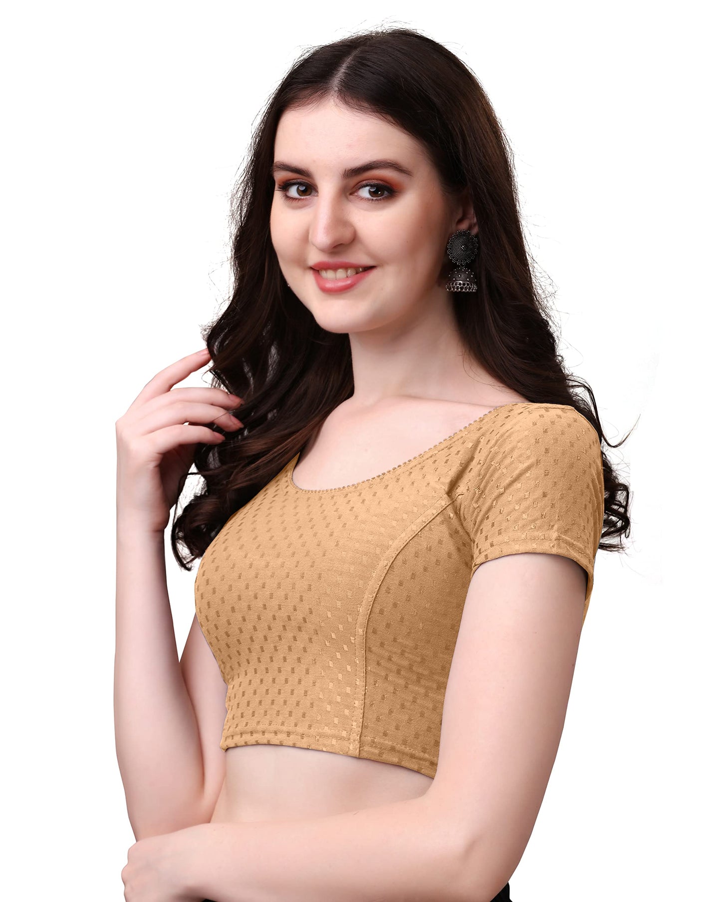 Kipzy Women's Cotton Stretchable Saree Blouse – Round Neck, Short Sleeves, Readymade Slim Fit Blouse for Women 40 Beige
