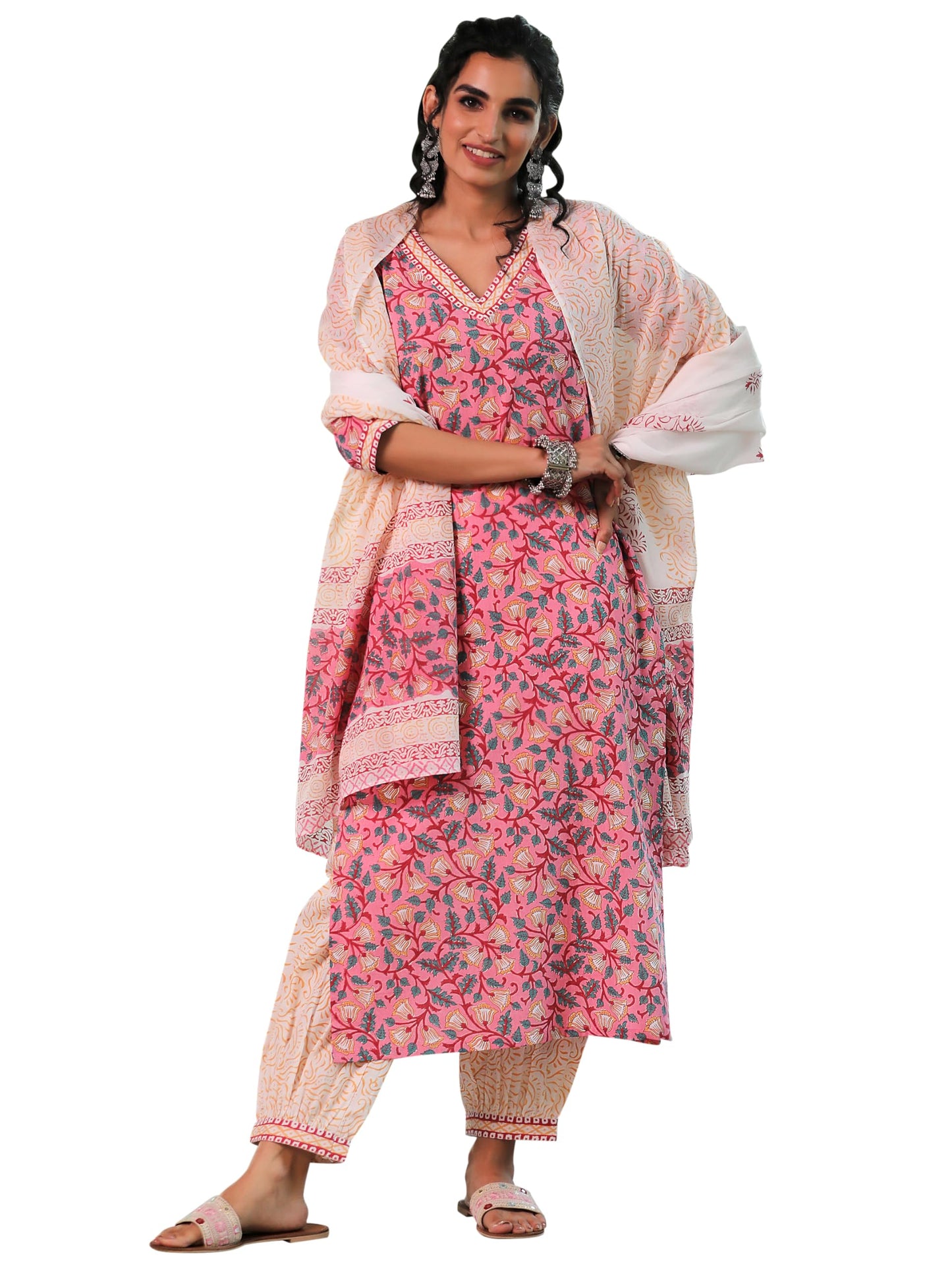 Libas Womens Printed Cotton Straight Kurta With Salwar and Dupatta