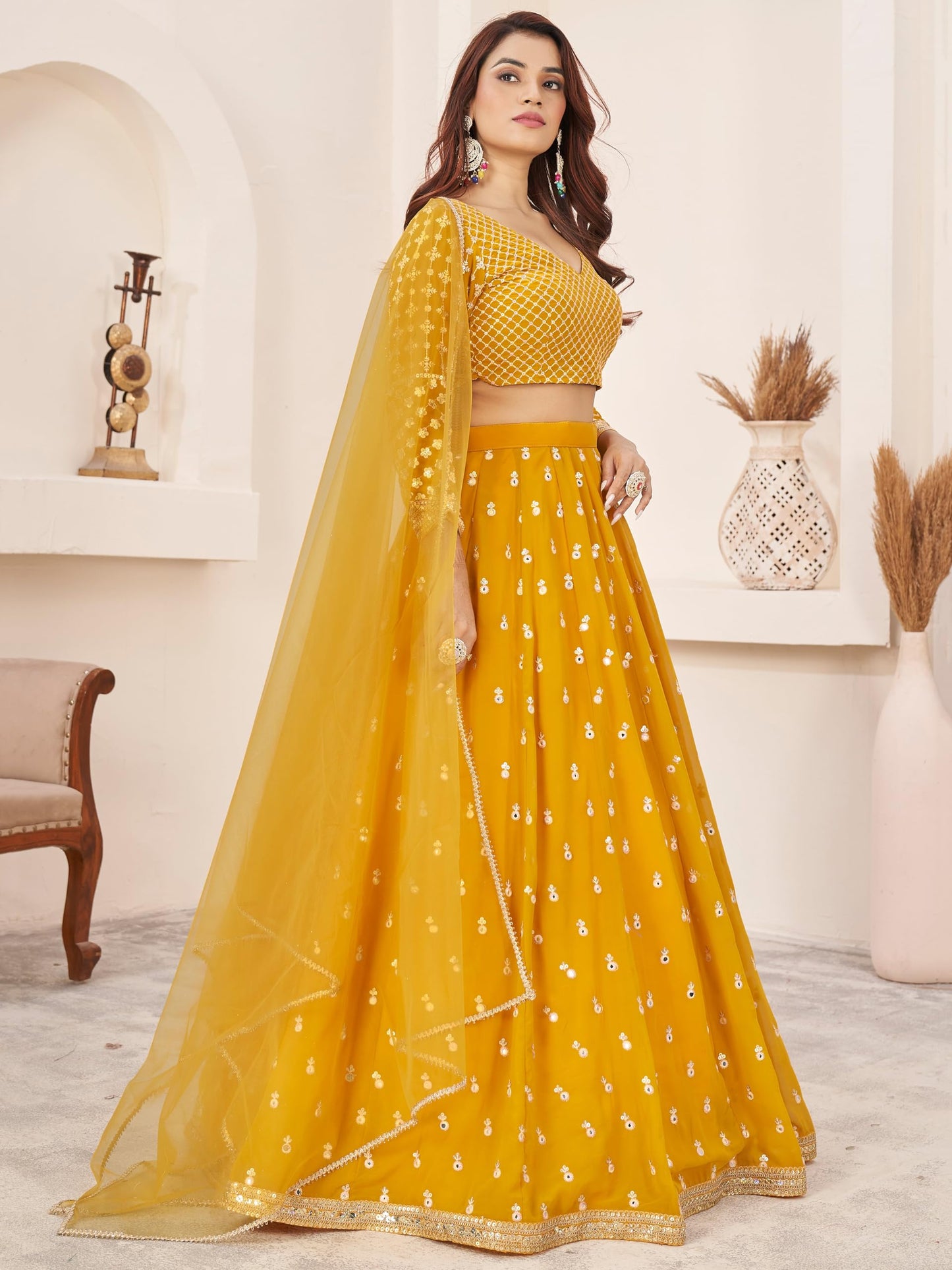 Zeel Clothing Women's Sequins Embroidered Georgette New Lehenga Choli with Dupatta (5071-Yellow-Wedding-Lehenga-Choli-Latest; Free Size)