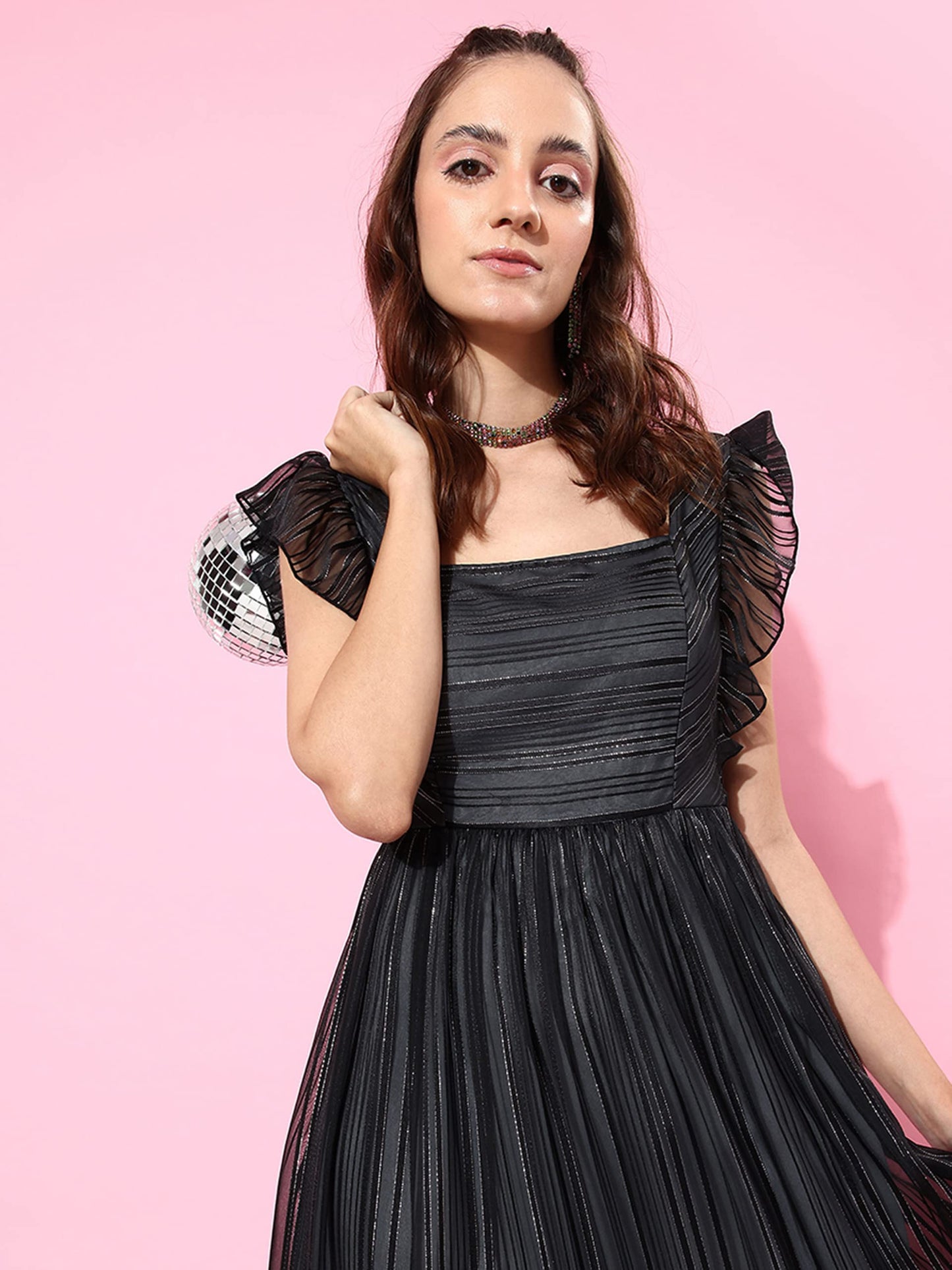 Miss Chase Women's Black Square Neck Layered Ruffles Sleeve Floral Patterned Tiered Georgette Maxi Dress (MCAW22D16-27-62-04, Black, M)