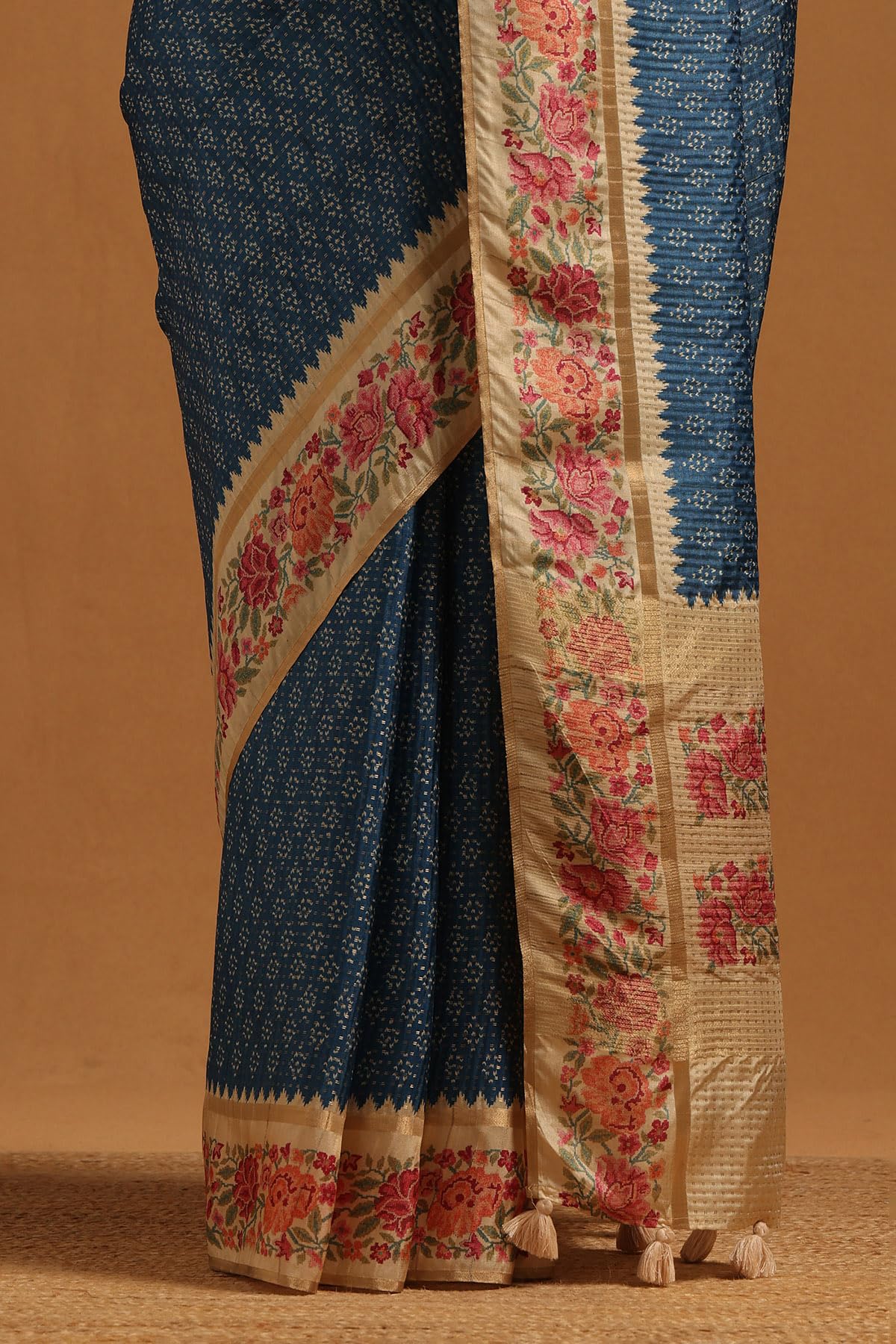 Soch Womens Blue Tussar Floral Saree With Zari Woven