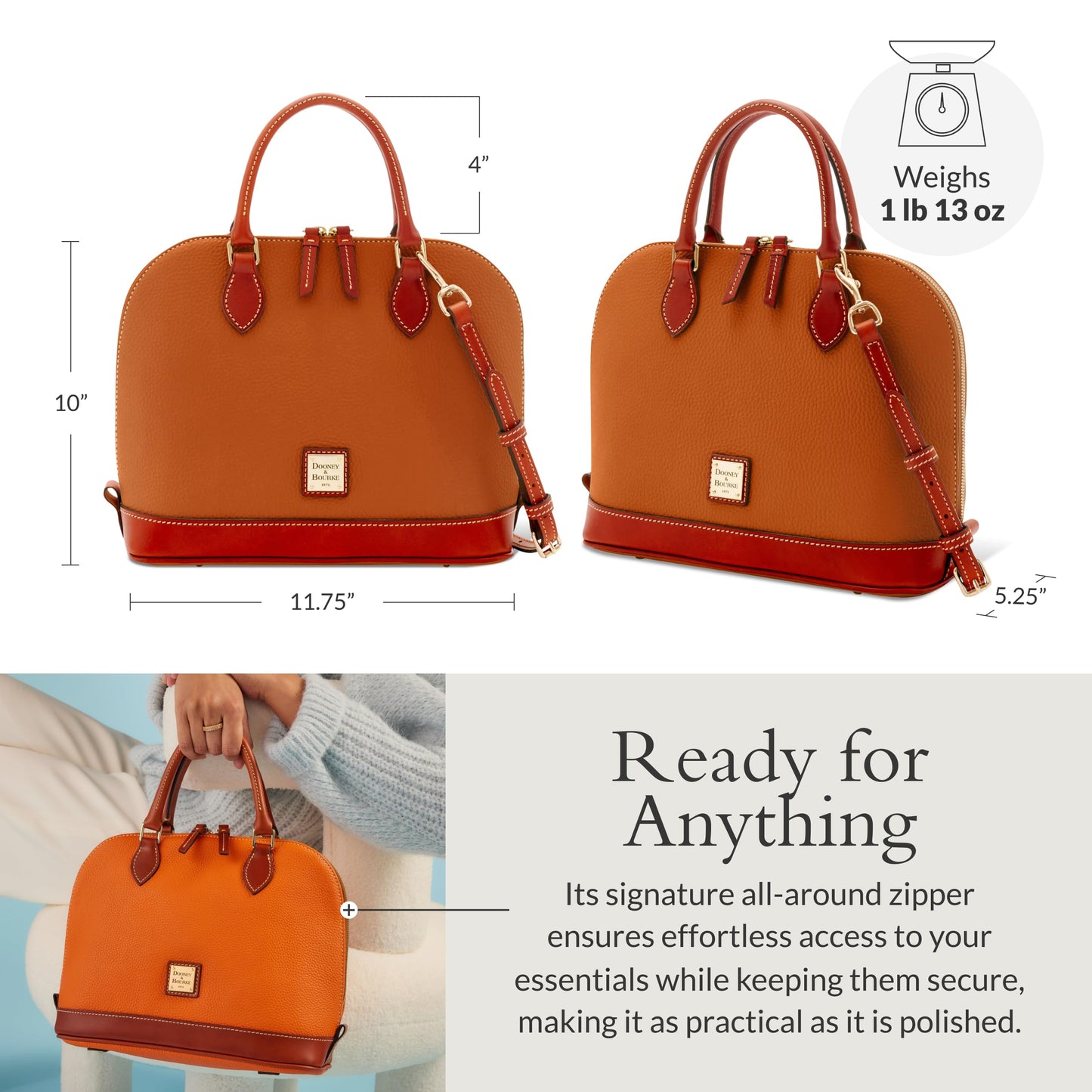 Dooney & Bourke Zip Zip Satchel Pebbled Leather Shoulder Bag Purse Handbag