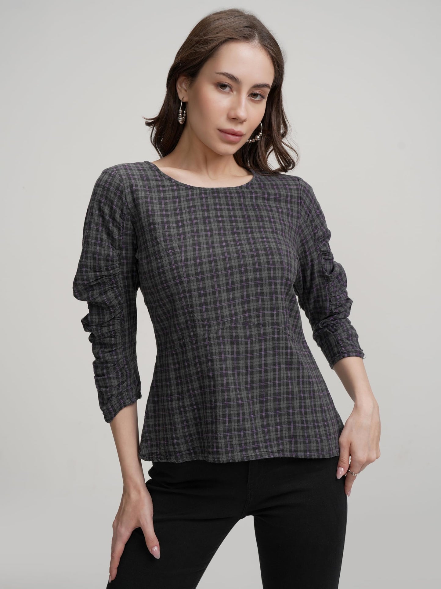 Tokyo Talkies Women's Checked Pure Cotton Styled Back Top | Boat Neck & 3/4 Sleeves | Comfortable & Stylish | Perfect for Casual Days | Tops for Woman | Women Tops | Stylish Top