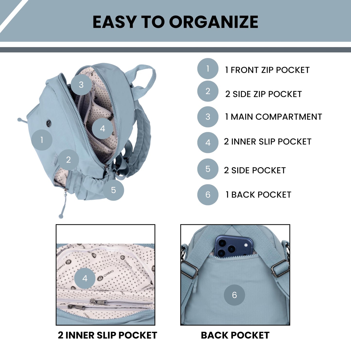 12o12 Women Backpack for College, Office, Travel, Daily Use, Outdoor, Lightweight Water Resistant Nylon Stylish Daypack Bag with Multiple Pockets, Adjustable Straps, Durable Zipper (Pastel Blue)