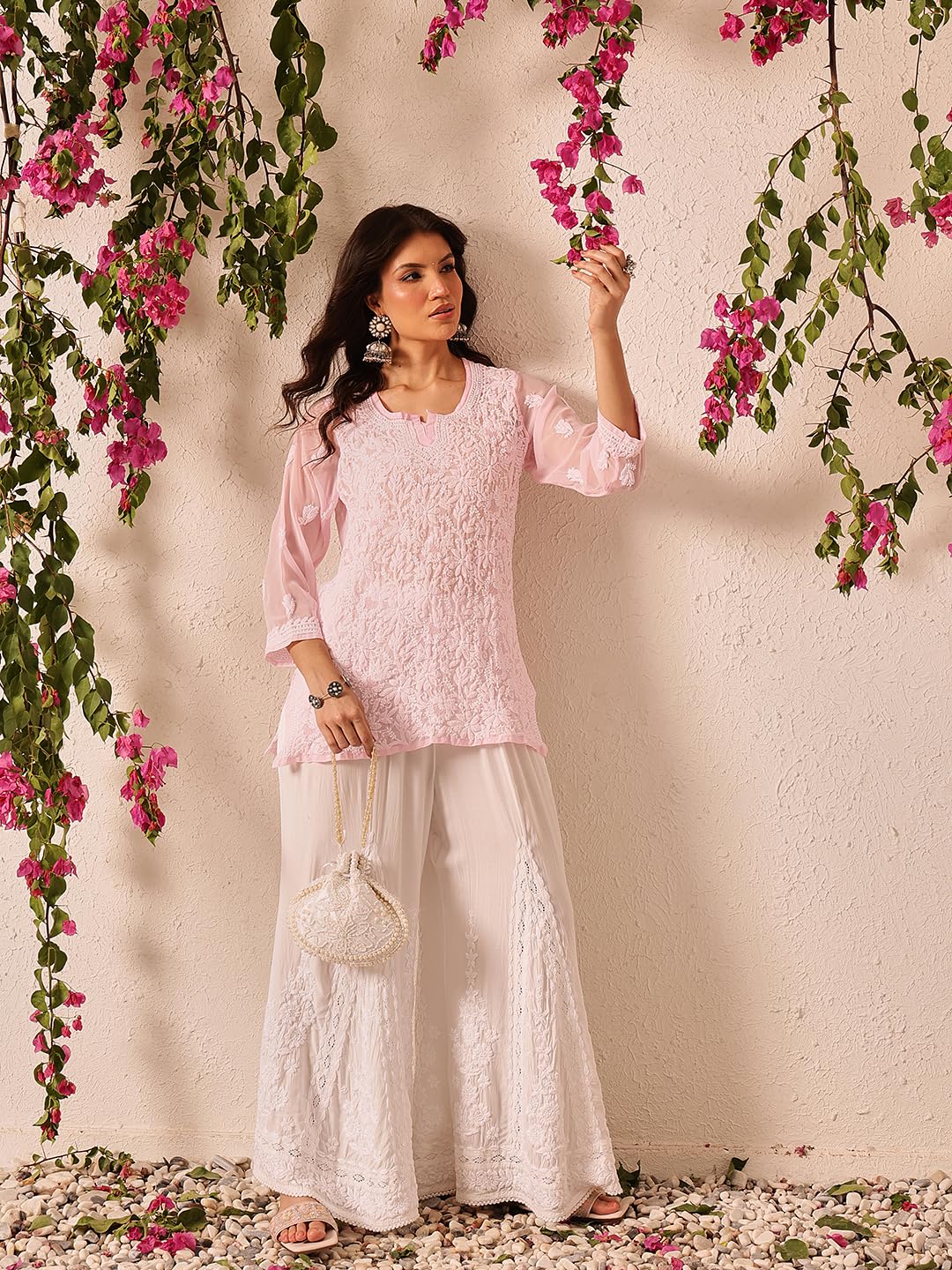 Ada Lucknowi Chikankari Hand Embroidered Modal Flared Palazzo for Women A711199 White