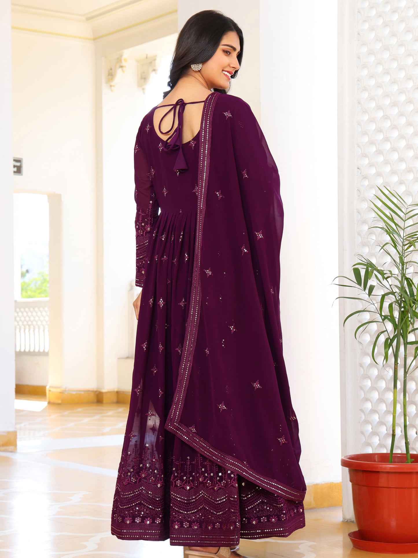 Fashion Basket Women's Georgette Anarkali Lond Dress with Duptta Purple
