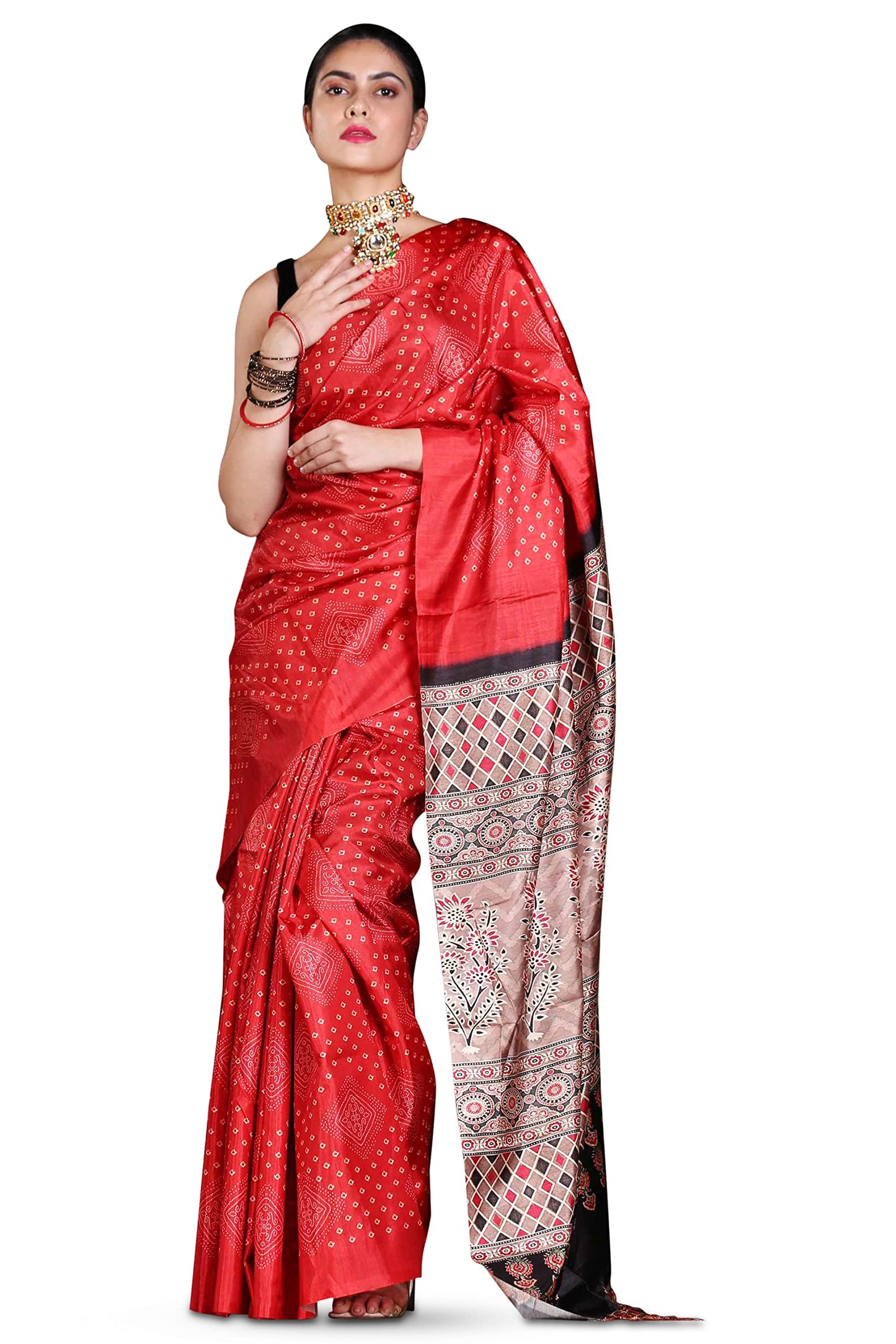 KARAGIRI Womens Digital Print Silk Red Saree With Blouse Piece