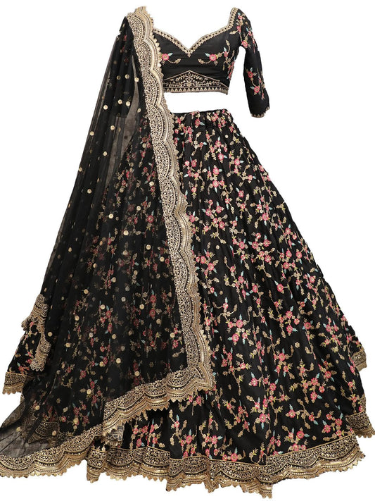 ODETTE Women Black Floral Sassy Semi Stitched Lehenga With Unstitched Blouse for the size of - Free Size