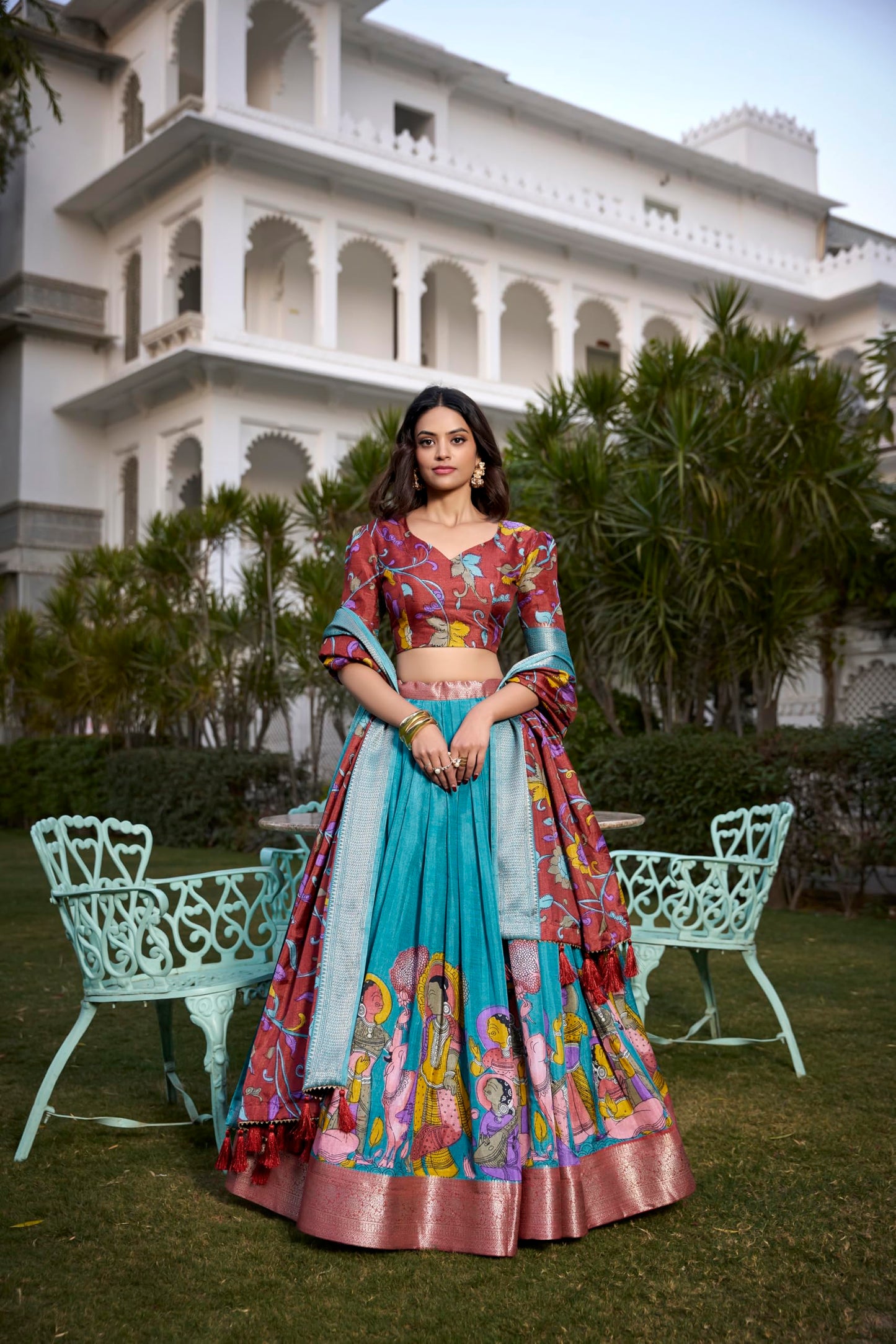 Snazzy Stitch Women's Floral Print With Foil Work Tussar Silk Lehenga Chholi Set (FIROZI)