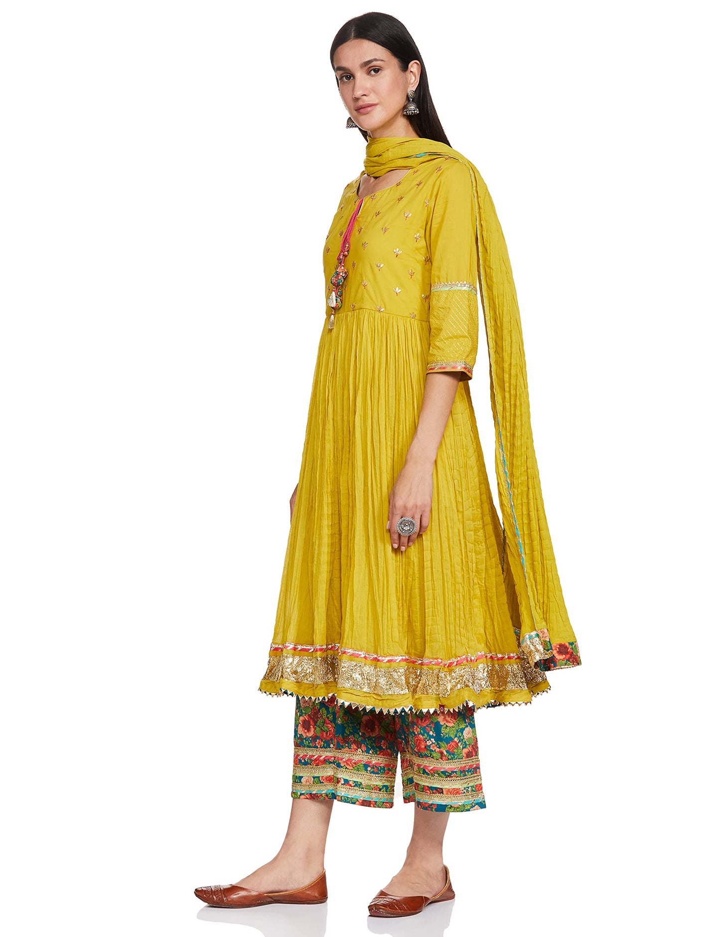 BIBA Women Cotton SOLID STRAIGHT SALWAR KURTA DUPATTA(SKD7670_LIME GREEN_36)