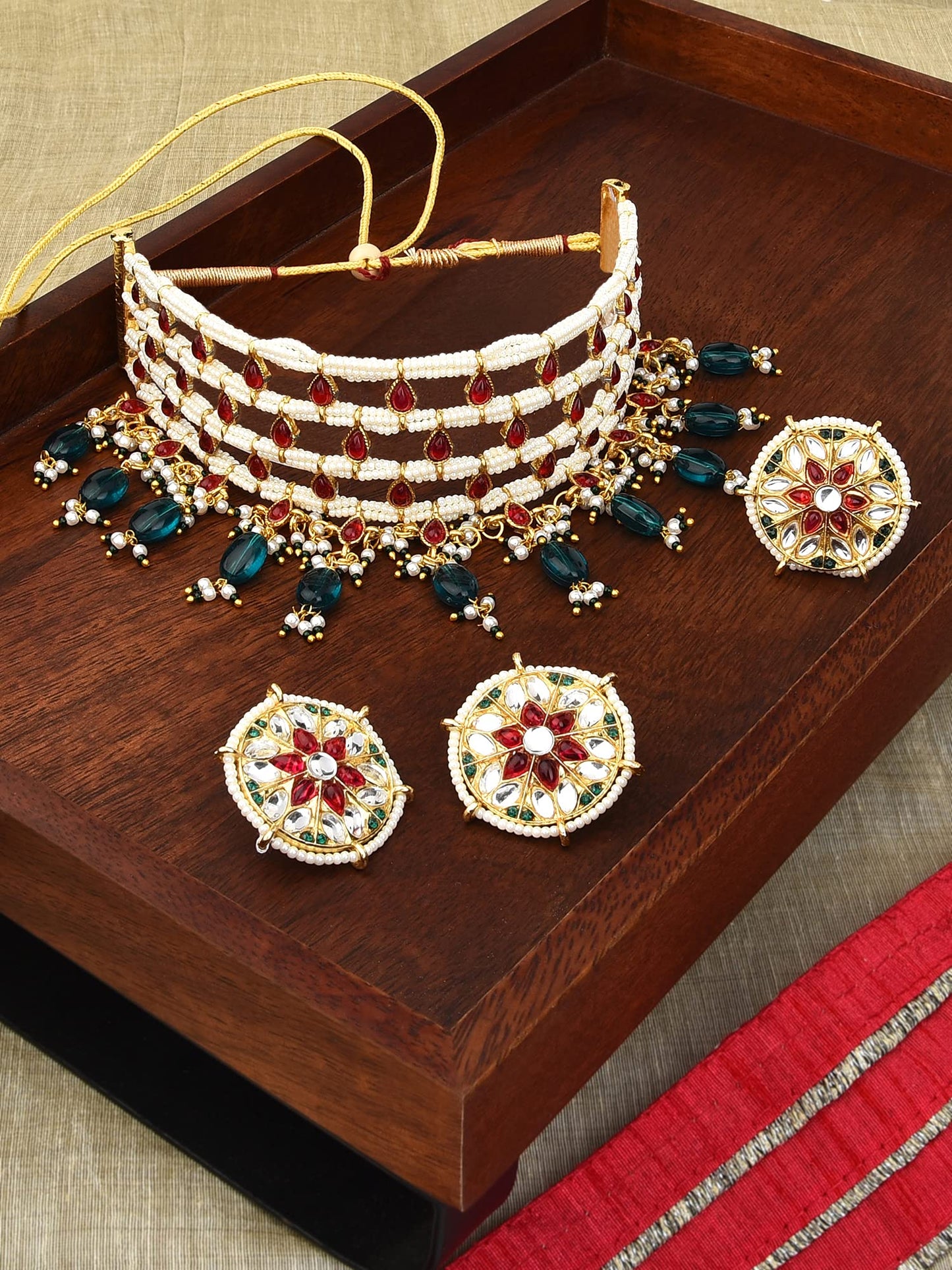 ZAVERI PEARLS Pink Kundan & Green Beads Choker Necklace Earring & Ring Set For Women-ZPFK11071