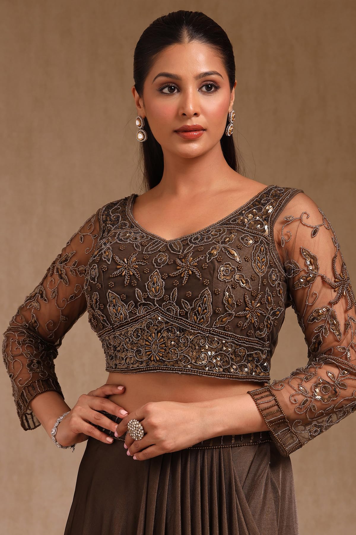 Soch Womens Nylon Blend Solid Ready To Wear Saree With Sequins