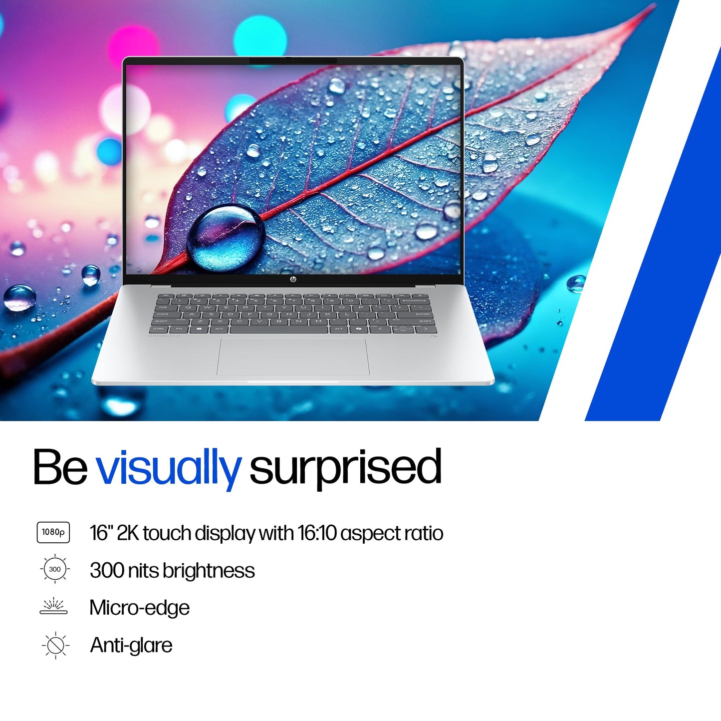 HP Omnibook 5, AMD Ryzen AI 5 340 (16GB LPDDR5x, 1TB SSD), 2k (1920 x 1200), Touch, Anti-Glare, 16''/40.6cm, Win11, M365* Office24, Silver, 1.79kg, ag1045au, FHD Camera, Backlit Laptop