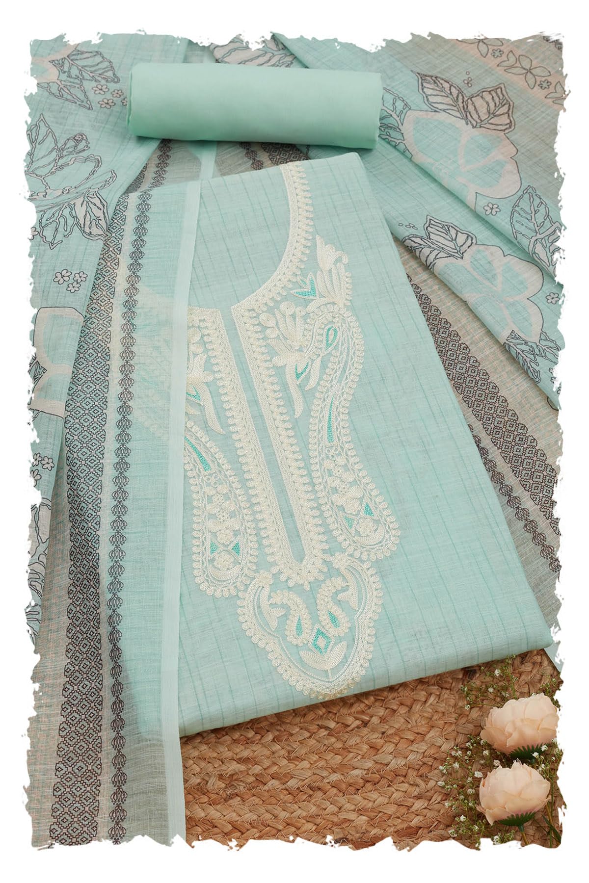 Soch Womens Turquoise Blue Linen Foil Print Unstitch Dress Material With Thread Work