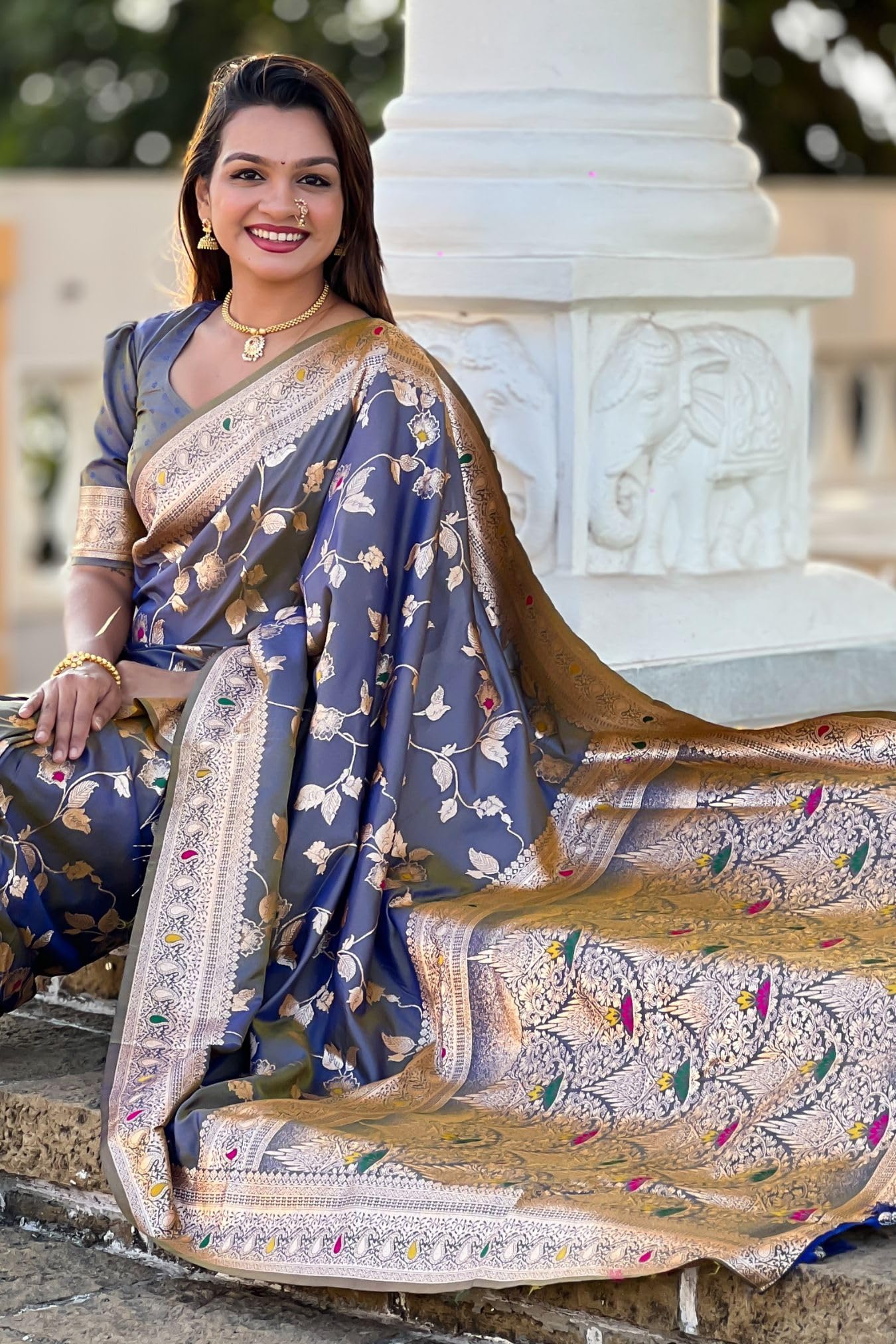 SGF11 Women's Kanjivaram Pure Soft Silk Saree For Women Pure Golden Zari With Blouse Piece (Deep Light Blue)