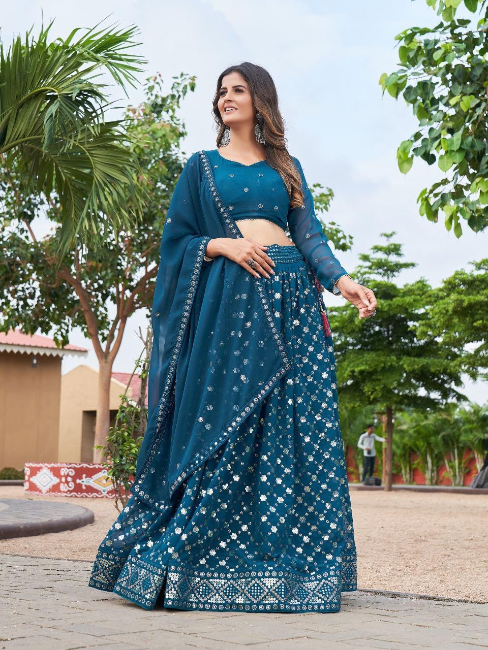 MUNIR Fashion Women's Beautiful Design 3mm Glitter & 7mm Twin Sequence Work Lehenga.(Blue)